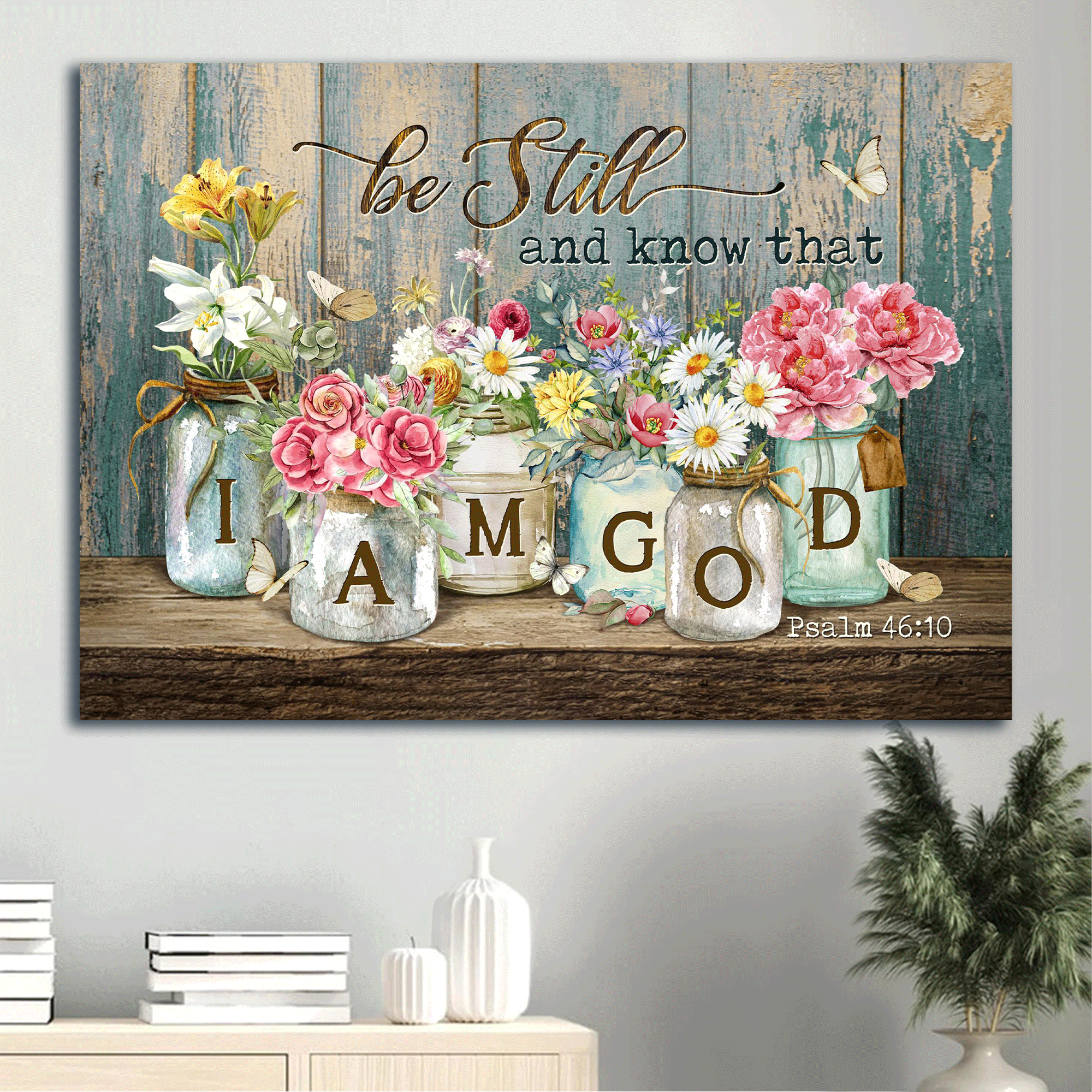 Jesus Landscape Canvas- Beautiful flowers, White daisy, Pink peony, Yellow lily canvas- Gift for Christian- Be still I am God