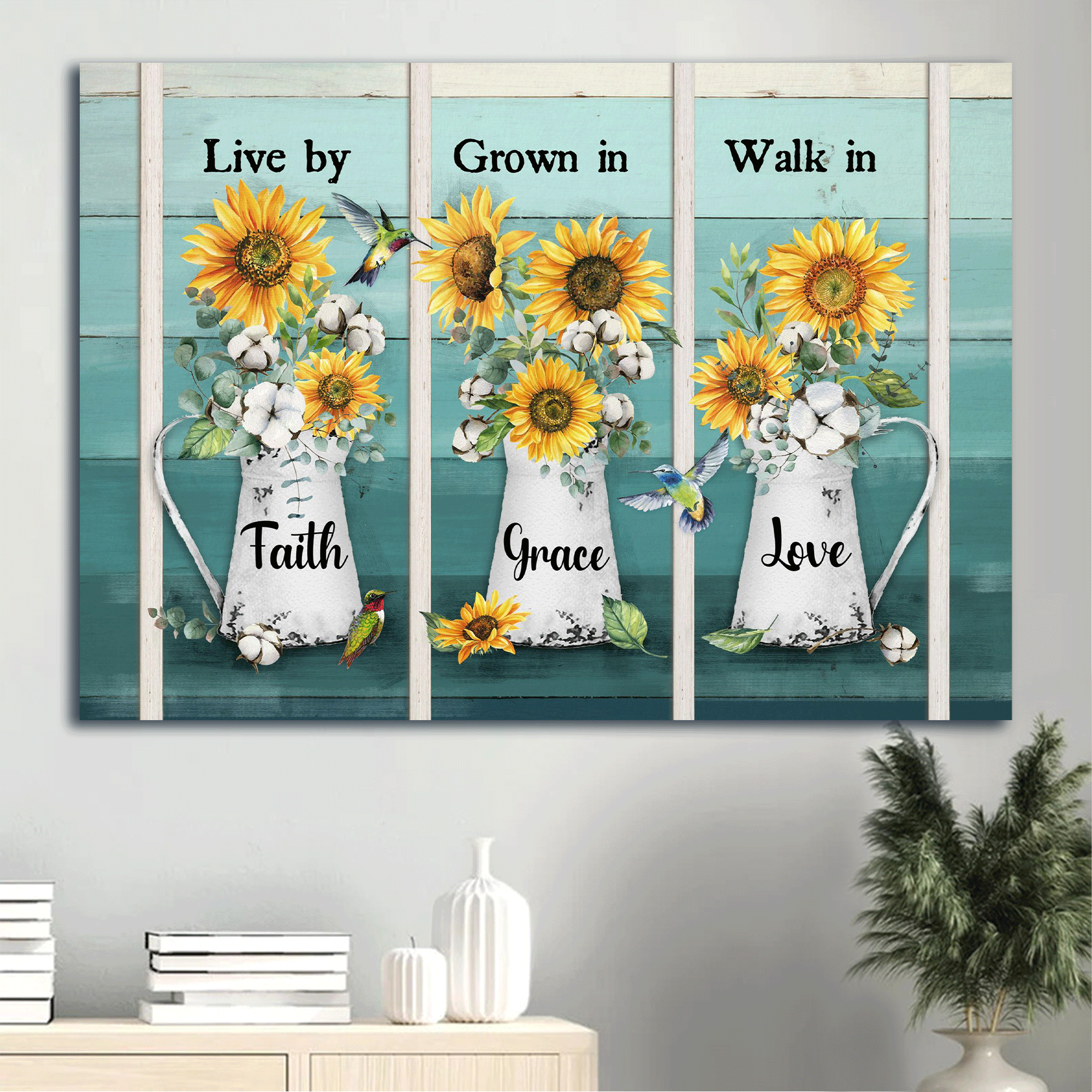 Jesus Landscape Canvas - Sunflower Vase, Hummingbird Canvas - Gift For Christian - Live By Faith, Grown In Grace Canvas