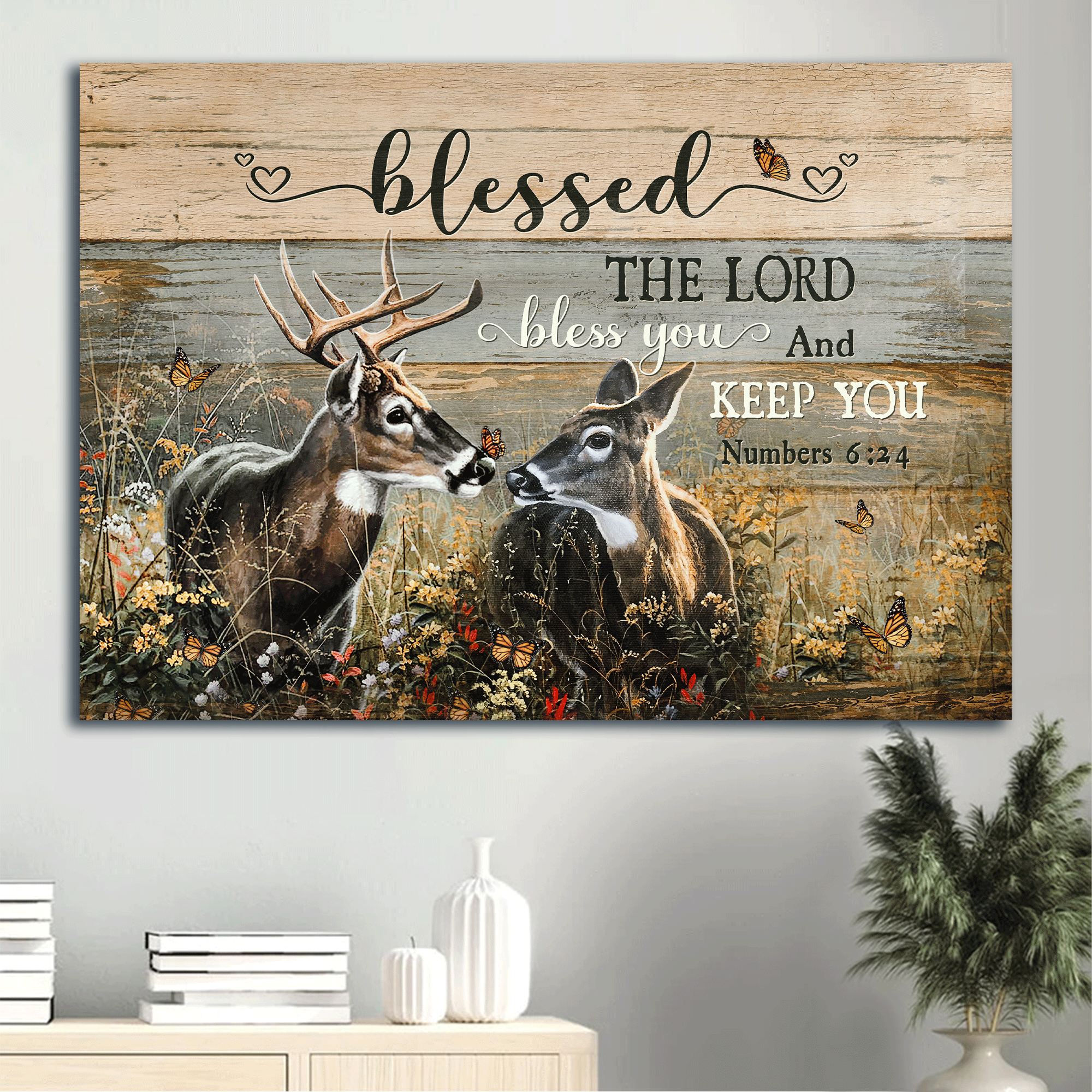 Jesus Landscape Canvas- Deer couple painting, In the forest, Orange butterfly canvas- Gift for Christian- Blessed the Lord bless you and keep you