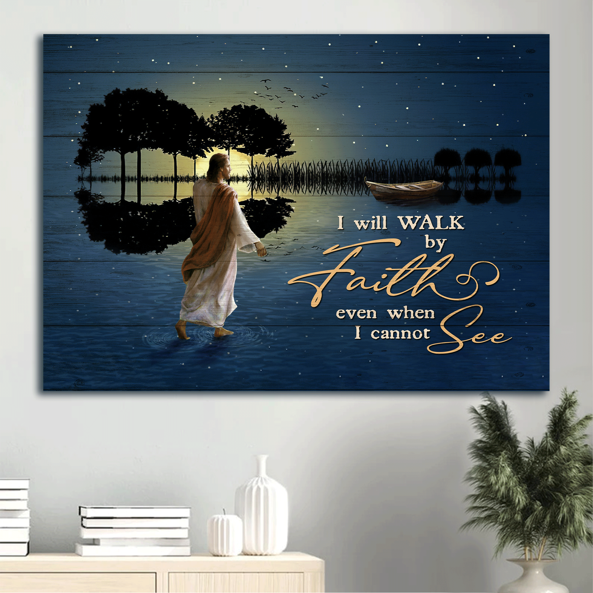 Jesus Landscape Canvas - Beautiful night, Abstract river, Jesus walks on water Landscape Canvas - Gift For Christian - I will walk by faith