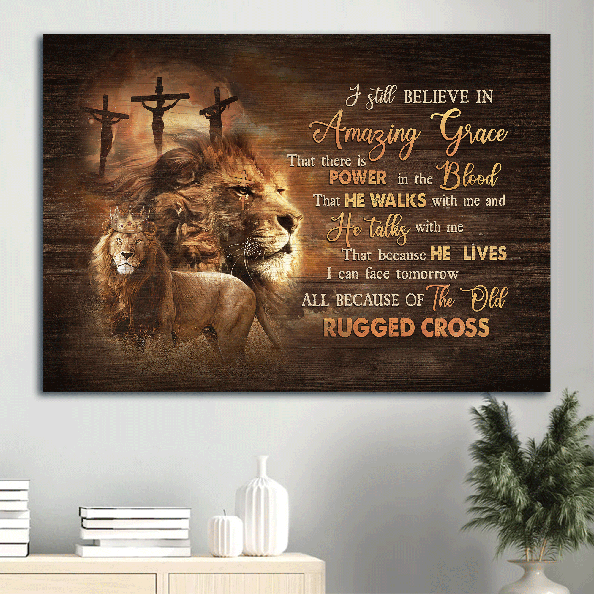 Jesus Landscape Canvas - Beautiful lion drawing, Golden crown Landscape Canvas - Gift For Christian - I still believe in amazing grace