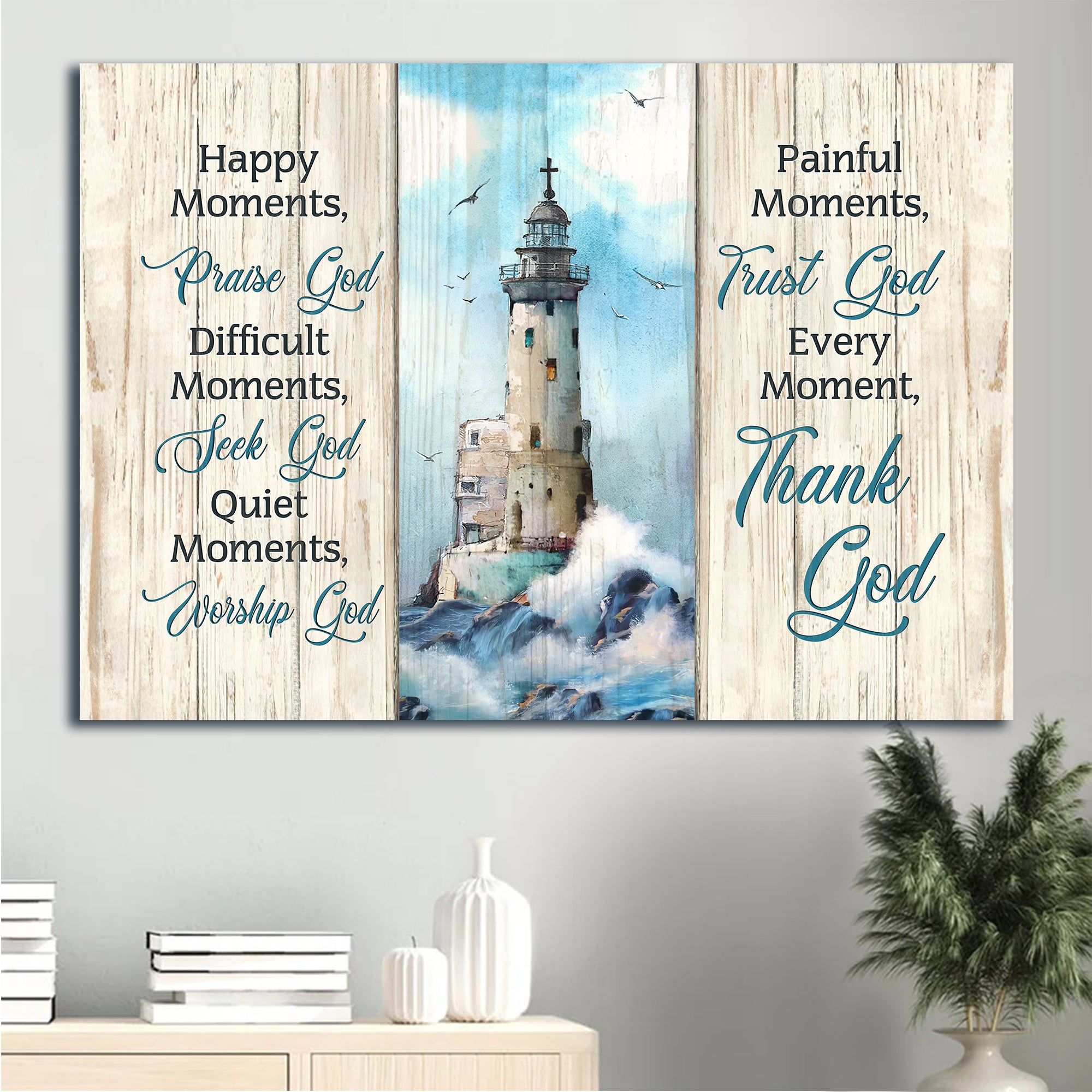 Jesus Landscape Canvas - Christ Lighthouse, Beach Painting, Beautiful Albatross Landscape Canvas - Gift For Christian -Every Moment, Thank God Landscape Canvas