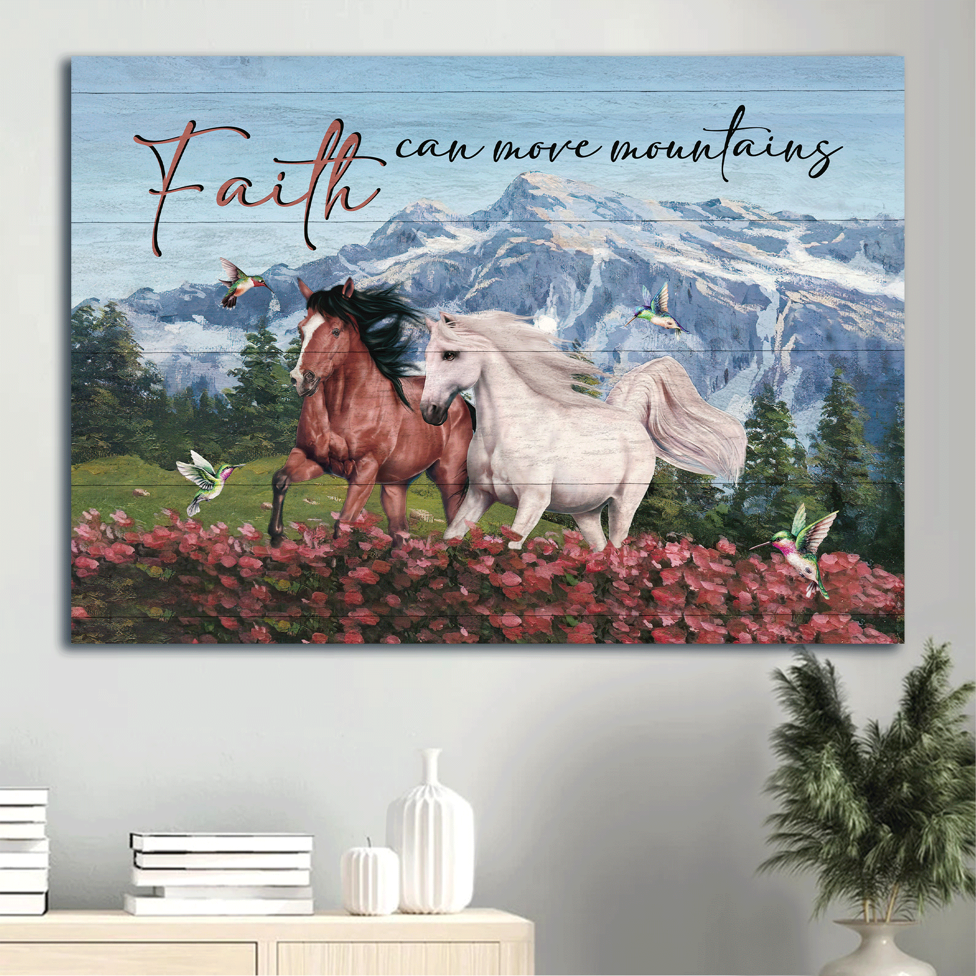 Jesus Landscape Canvas- Beautiful horses, Pink flower field, Hummingbird canvas- Gift for Christian- Faith can move mountains