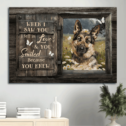 Jesus Landscape Canvas- Beautiful German Shepherd, Daisy field, White butterfly canvas- Gift for Christian- When I saw you, I fell in love