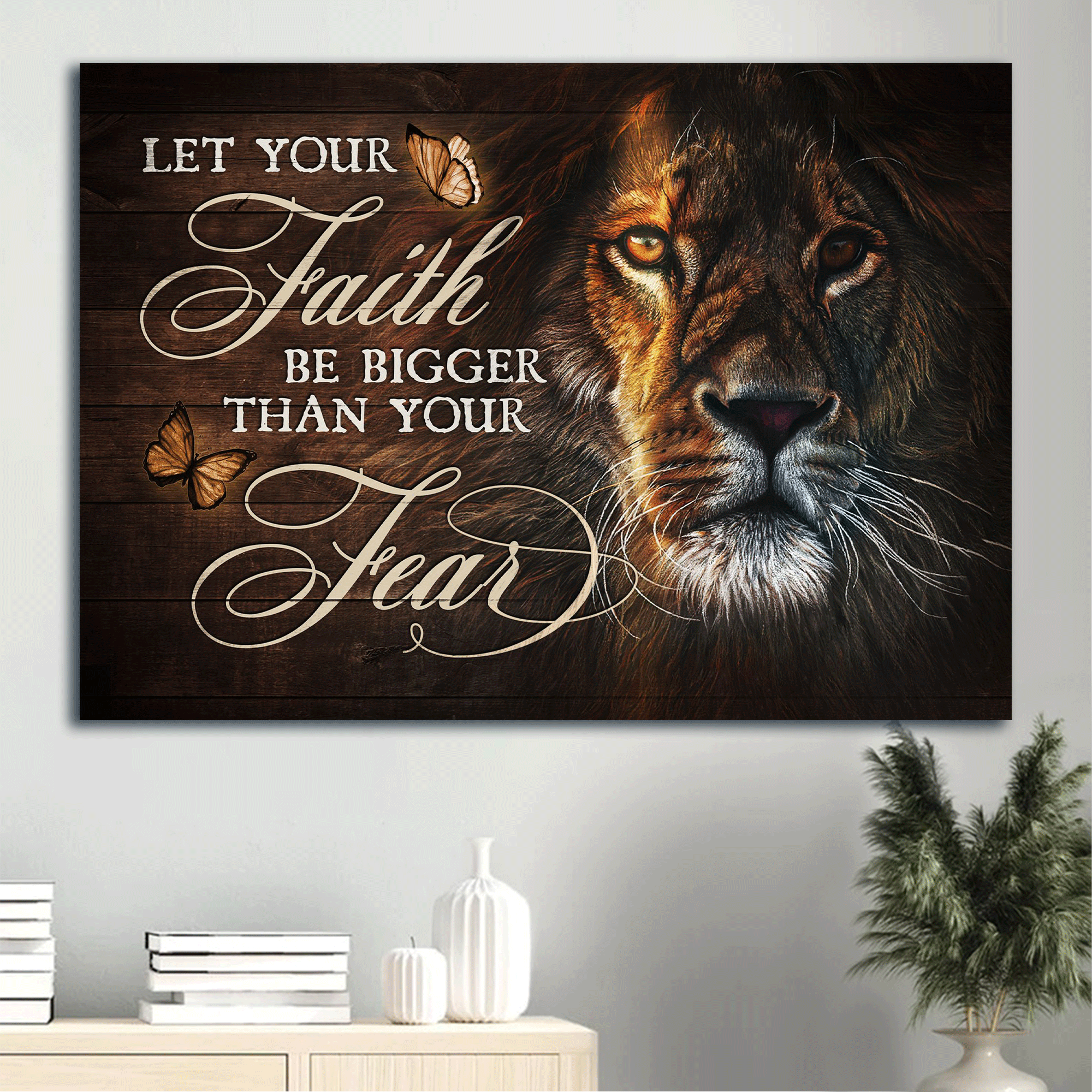 Jesus Landscape Canvas - Lion painting, Brown butterfly Landscape Canvas - Gift For Christian - Let your faith be bigger than you fear Landscape Canvas