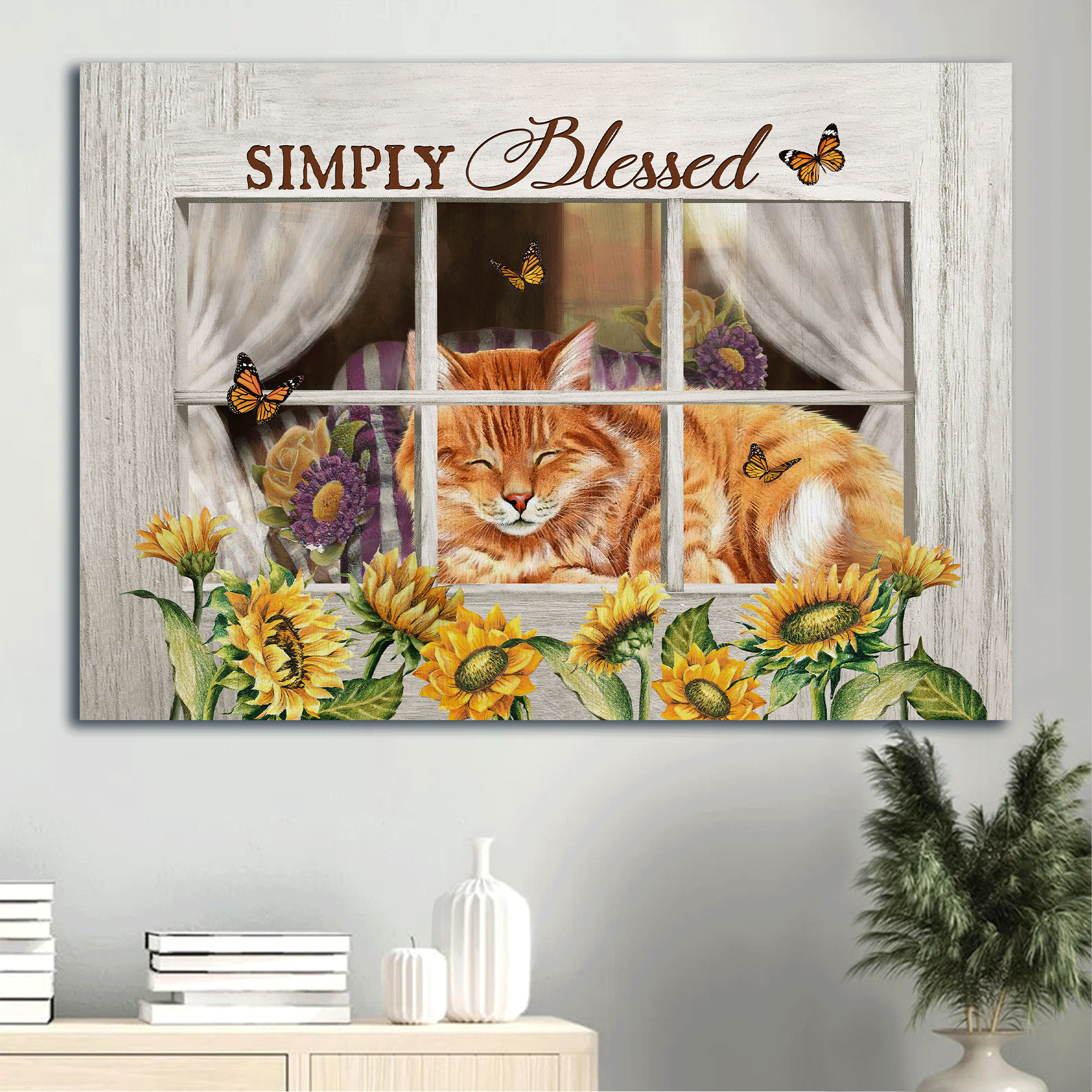 Jesus Landscape Canvas - Orange tabby cat, Sunflower painting, White window Landscape Canvas - Gift For Christian - Simply blessed Landscape Canvas