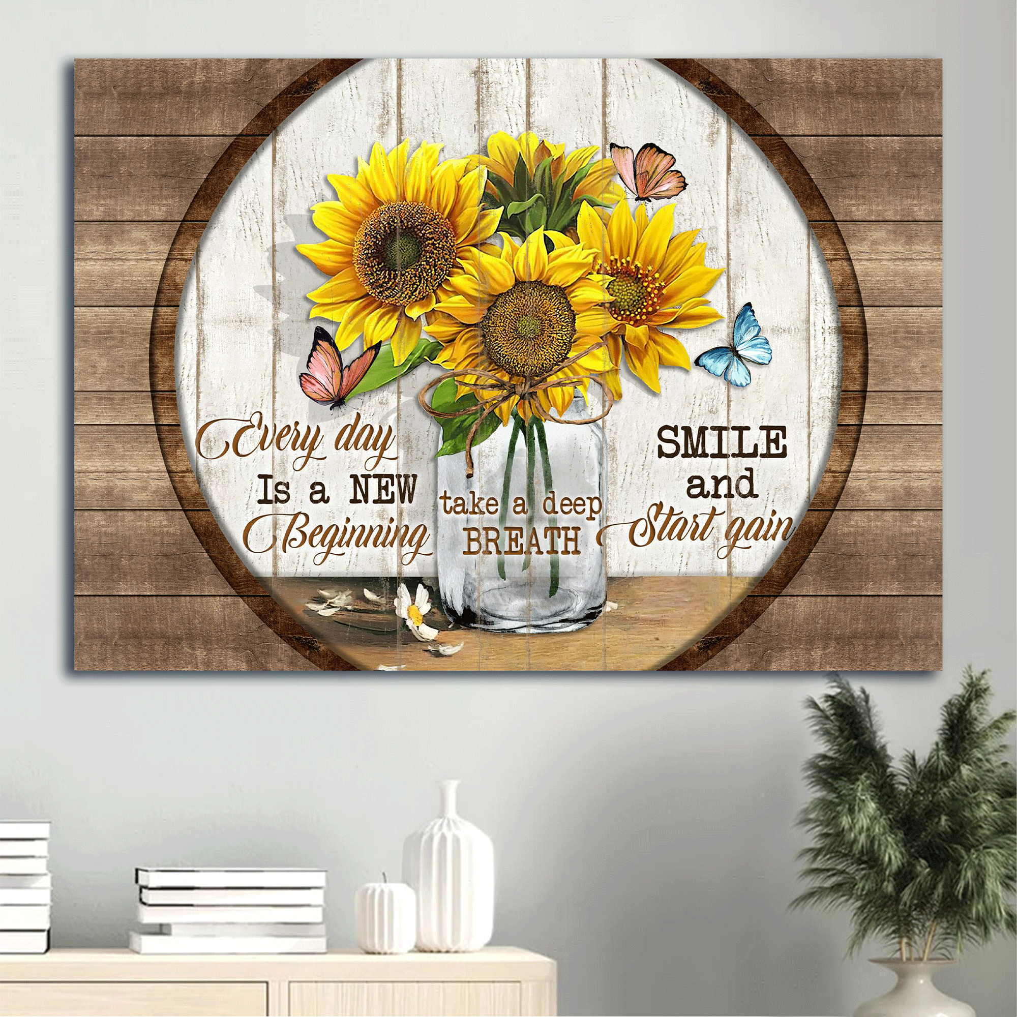 Jesus Landscape Canvas -Big sunflower, Pink butterfly, Wooden circle Landscape Canvas - Gift For Christian - Every day is a new beginning Landscape Canvas