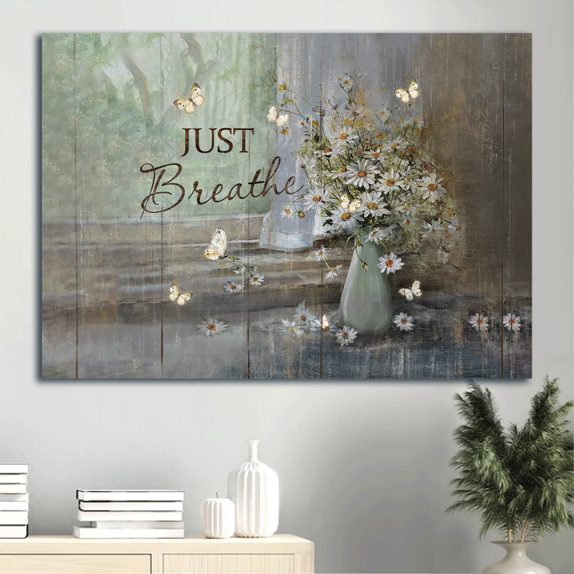 Jesus Landscape Canvas - Vintage Flower Vase, Daisy Flower Canvas - Gift For Christian - Just Breathe Canvas