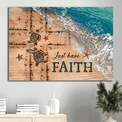 Jesus Landscape Canvas- Beach Painting, Couple Sea Turtle, Cross Symbol Canvas- Gift For Christian- Just Have Faith