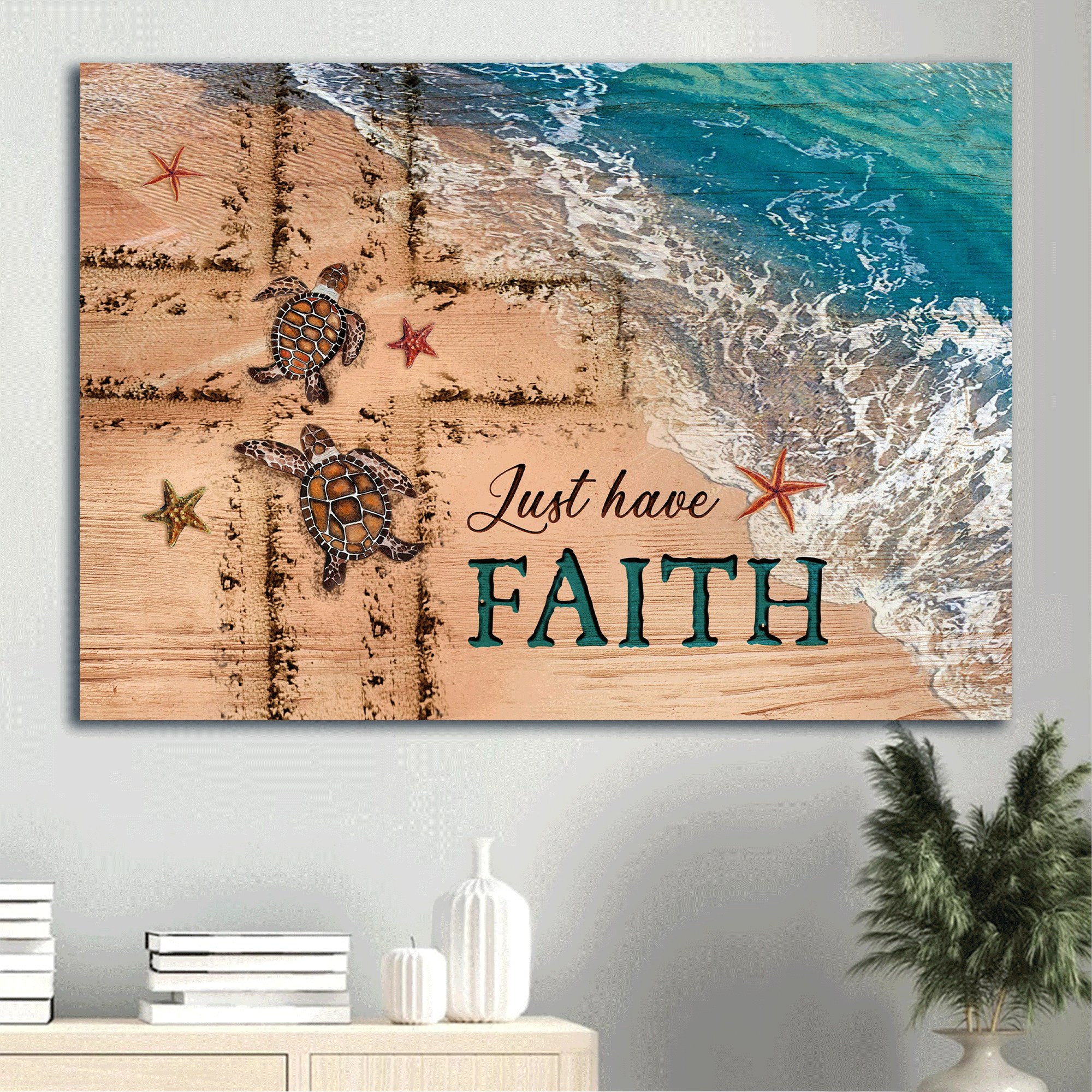 Jesus Landscape Canvas- Beach Painting, Couple Sea Turtle, Cross Symbol Canvas- Gift For Christian- Just Have Faith