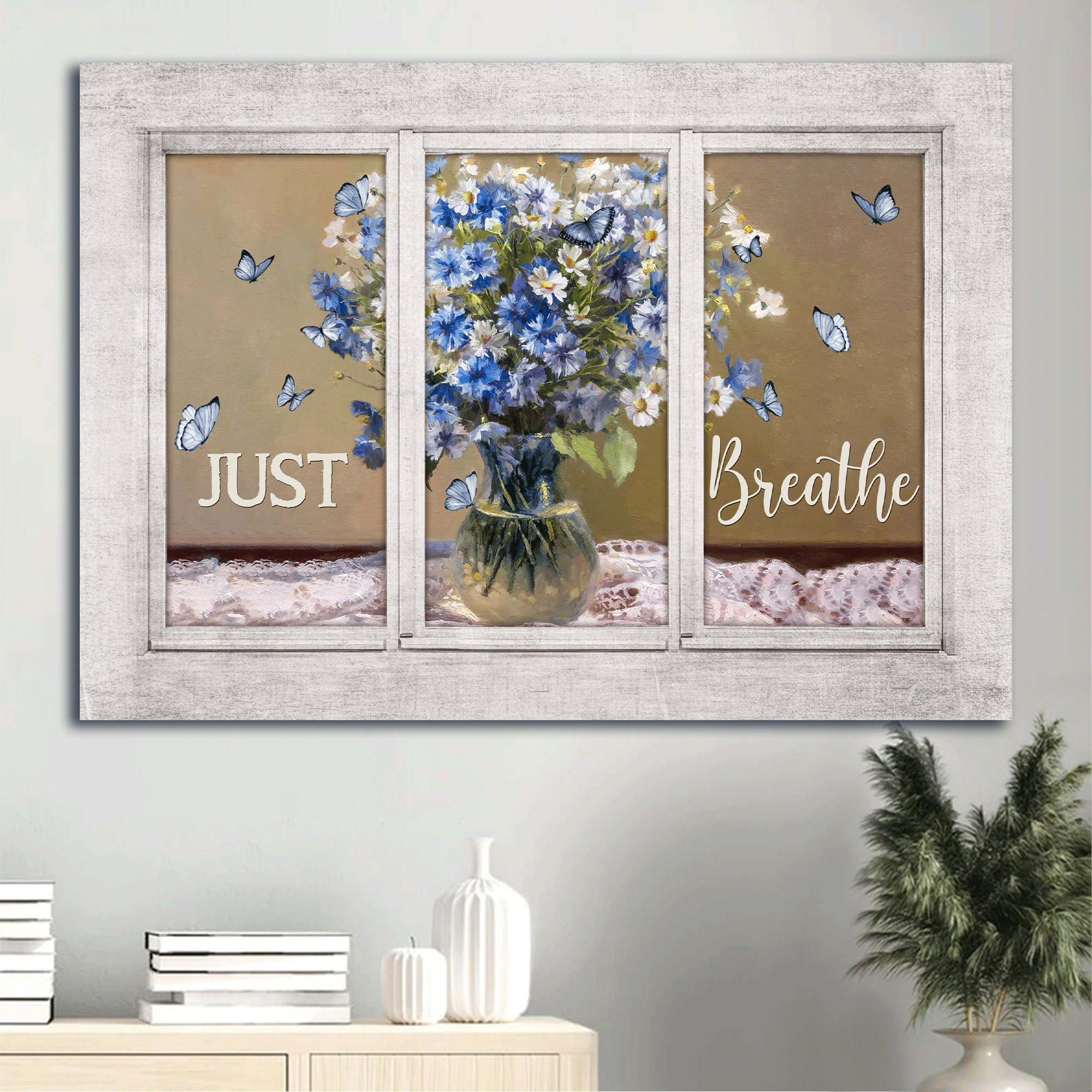 Jesus Landscape Canvas- Baby Flower Vase, Watercolor Butterfly, White Window Landscape Canvas, Just Breathe Canvas- Gift For Christian