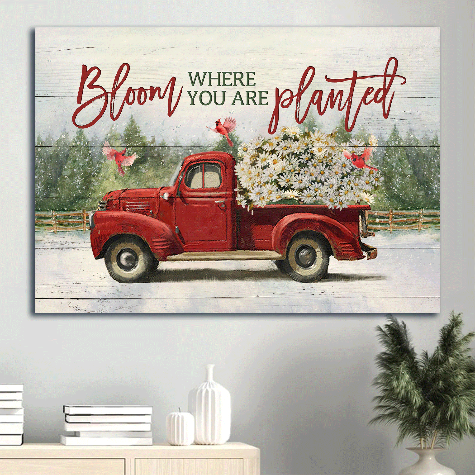 Jesus Landscape Canvas- Daisy flower, Red truck drawing, Red cardinal canvas- Gift for Christian- Bloom where you are planted