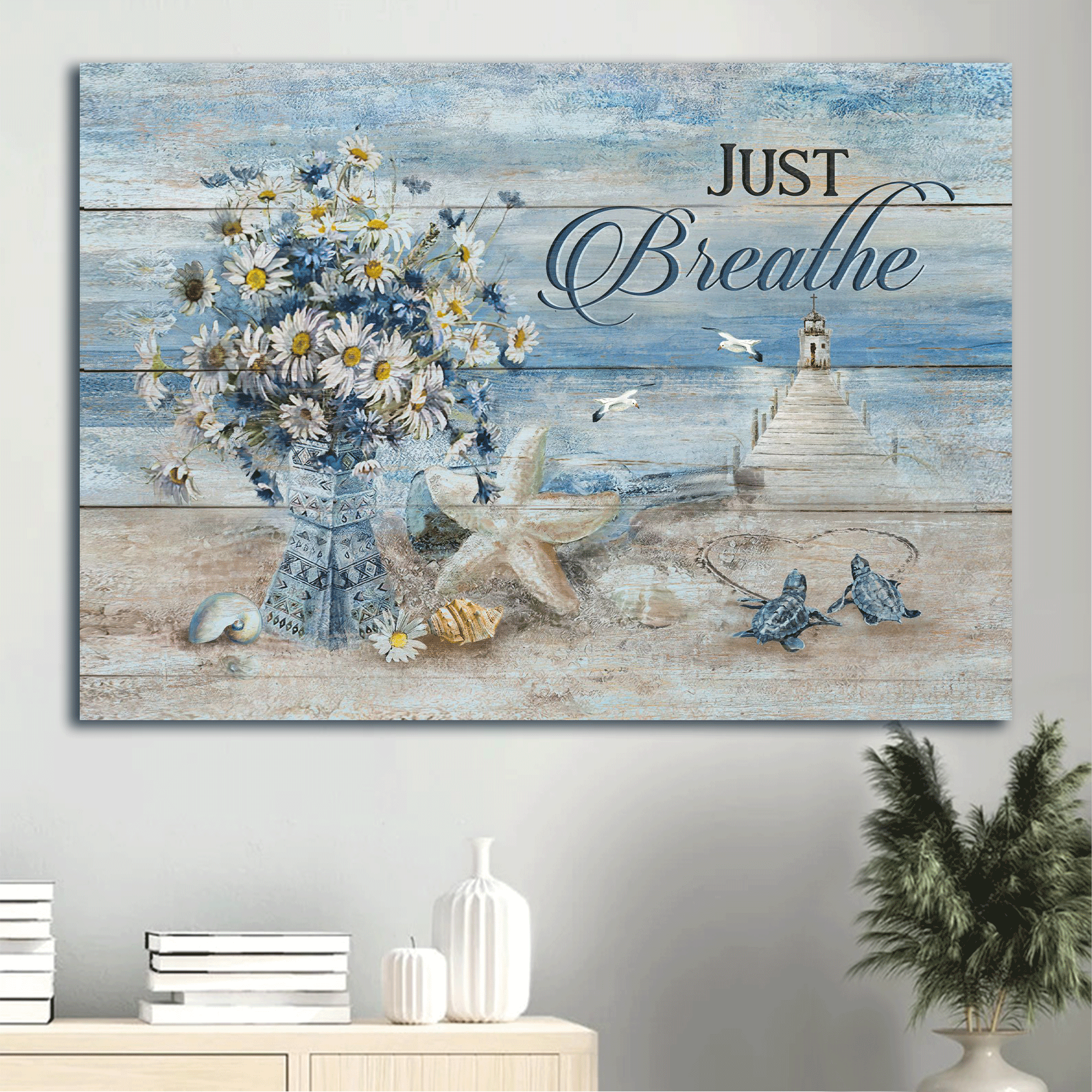 Jesus Landscape Canvas- Blue Ocean, Pretty Daisy Vase, Sea Turtle, Light House, Albatross, Just Breathe canvas- Gift for Christian - Landscape Canvas, Wall Decor Visual Art