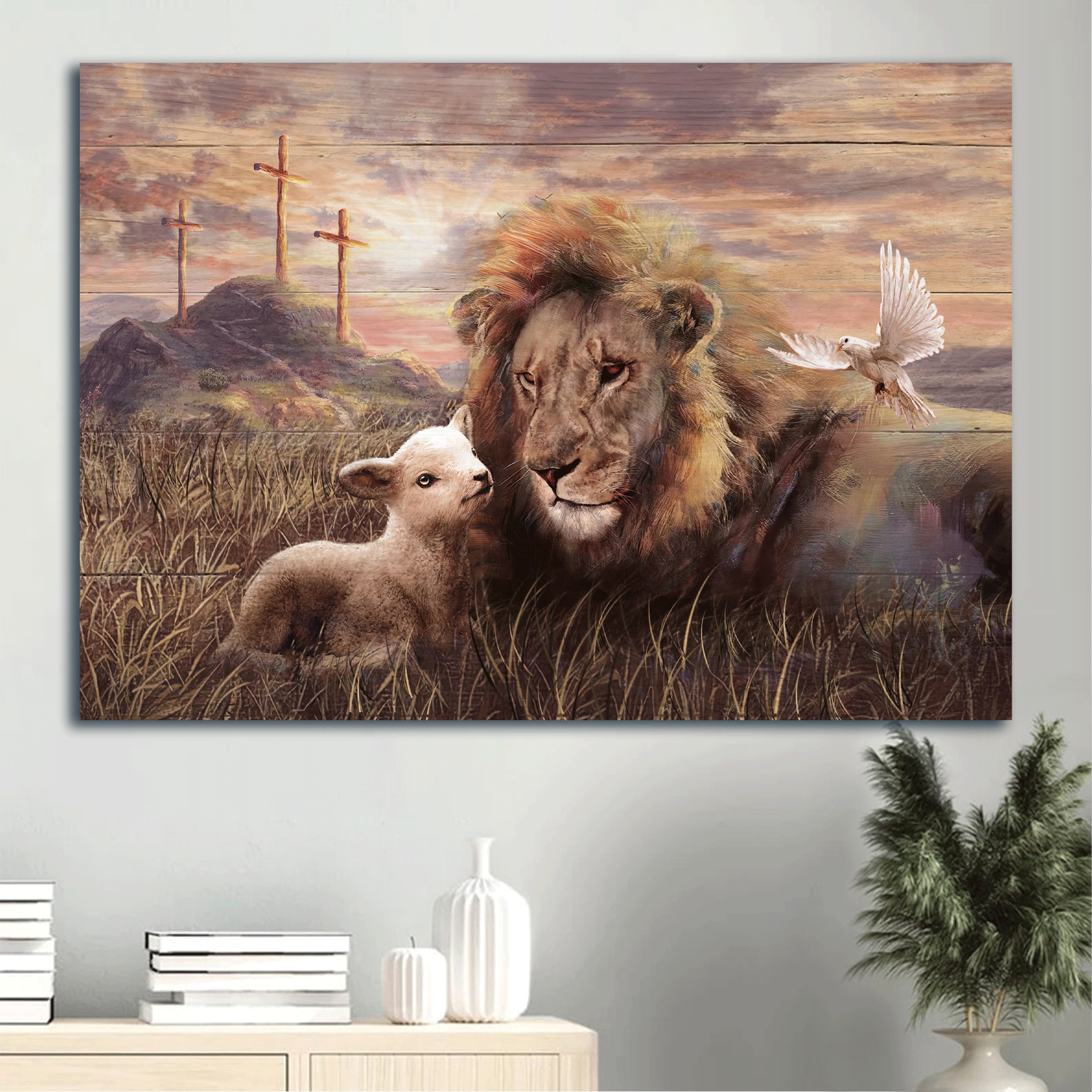 Jesus Landscape Canvas - Meadow landscape, Lion of Judah, Lambs of God, A peaceful day of the lion and the lamb Canvas - Jesus Landscape Canvas