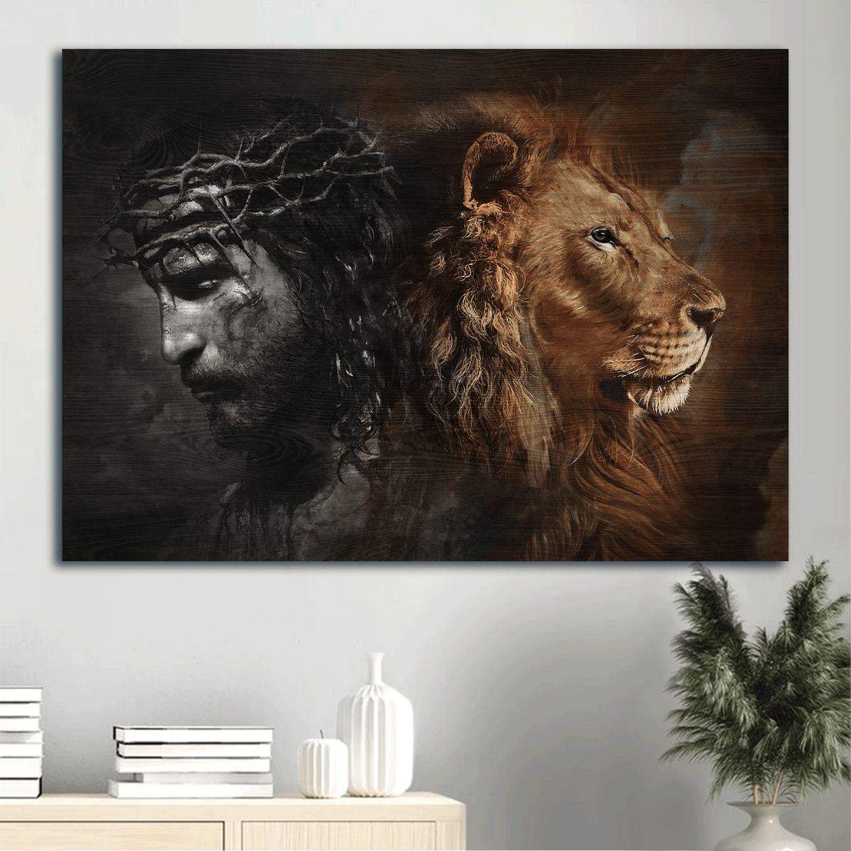 Jesus Landscape Canvas- Great Lion Of Judah, Crown Of Thorns, Awesome 