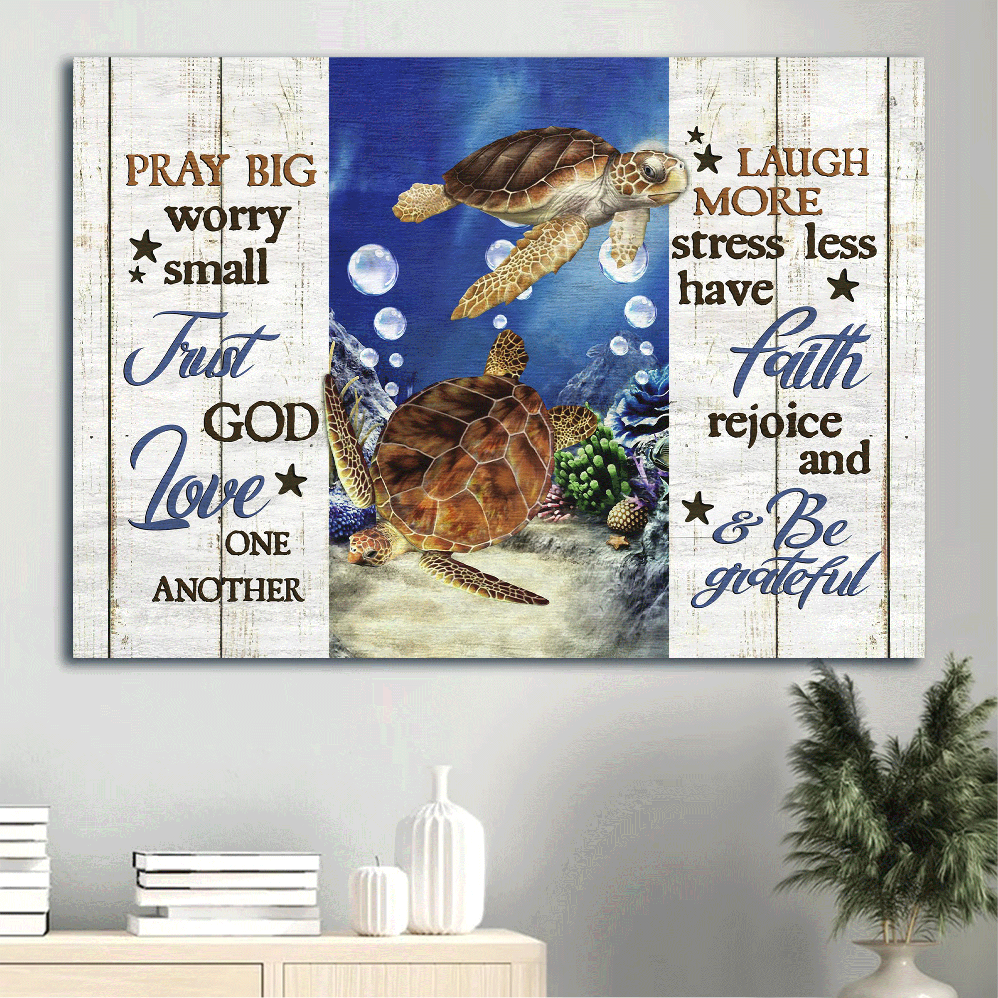 Jesus Landscape Canvas - Beautiful sea turtle, Blue ocean, Water bubbles, Pray big, Worry small Landscape Canvas - Gift For Christian