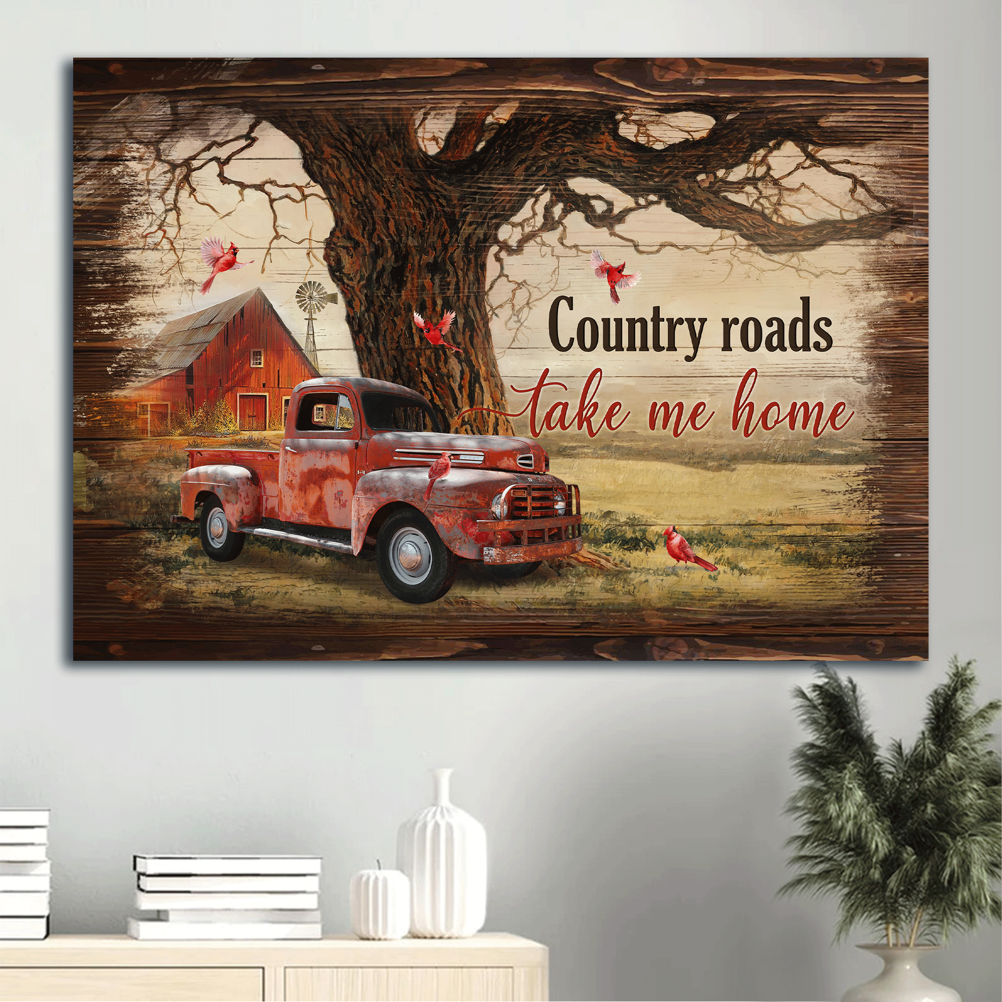 Jesus Landscape Canvas - Ladybug car, Red cardinal, Countryside painting Canvas - Gift For Christian - Country roads take me home