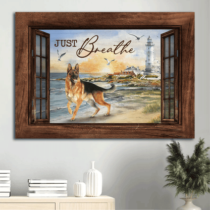 German shepherd dog, Blue ocean, Lighthouse painting,c - Jesus Landscape Canvas Prints, Christian Wall Art