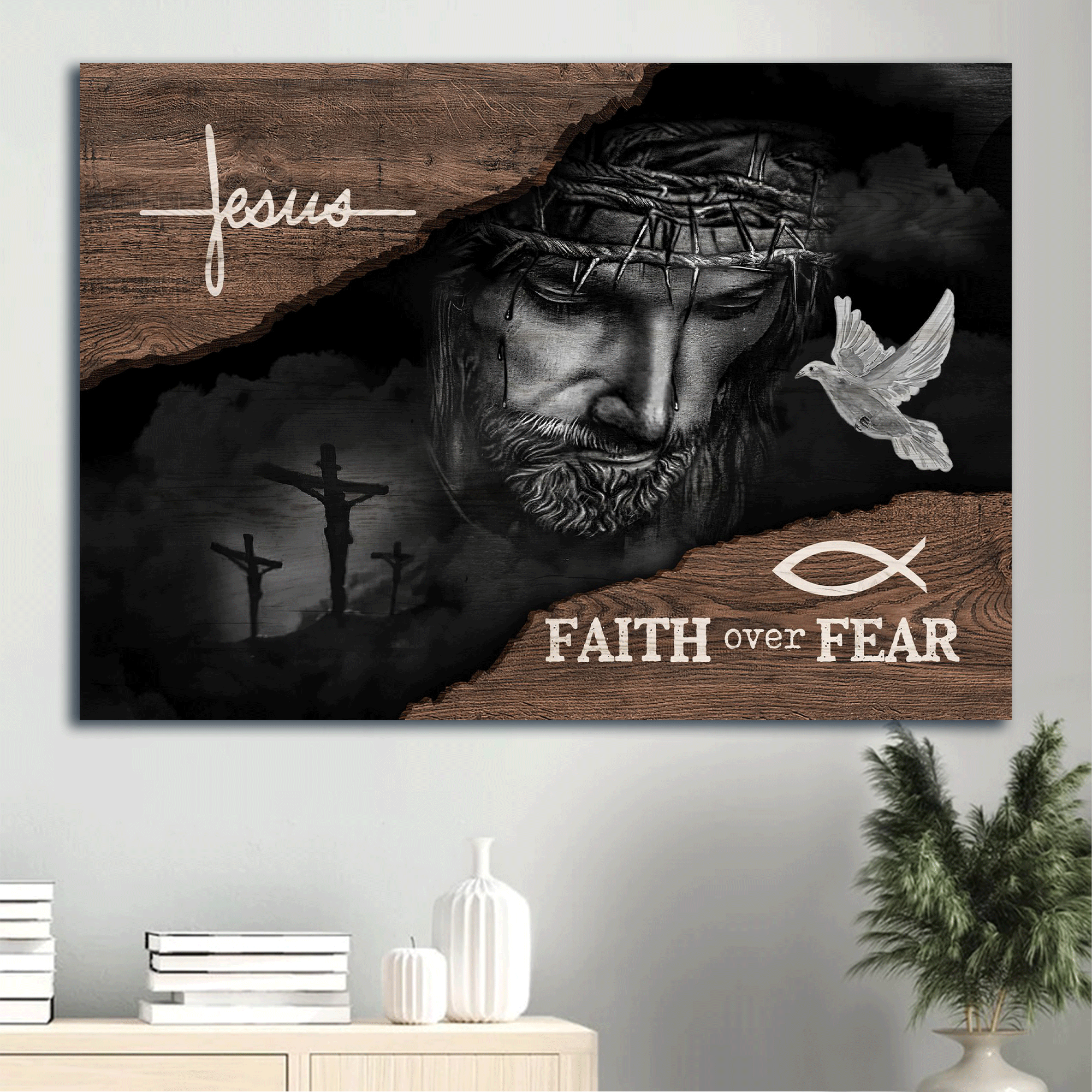 Jesus Landscape Canvas - Jesus painting, Black and white painting, Wooden background Landscape Canvas - Gift For Christian - Faith over fear Landscape Canvas