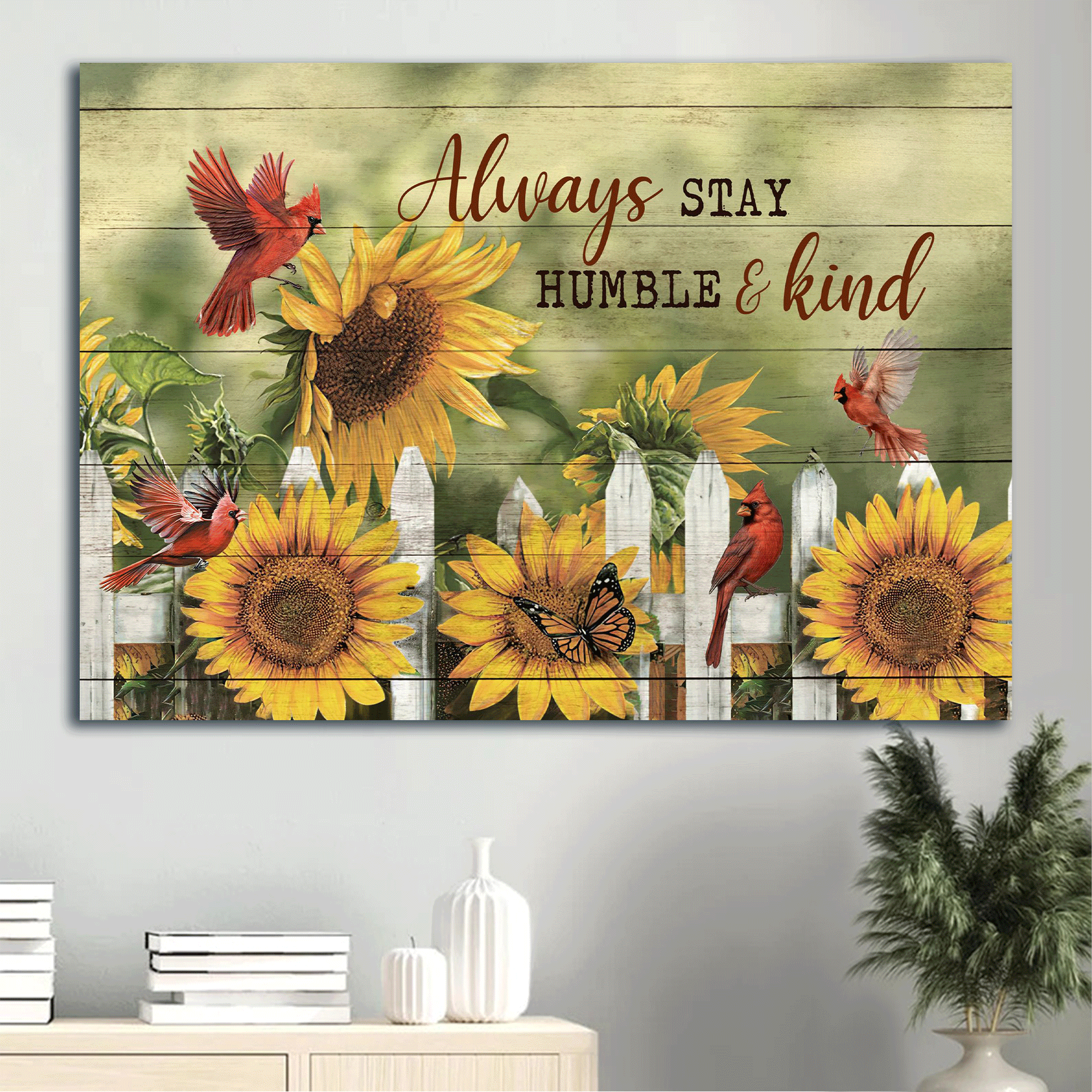 Jesus Landscape Canvas - Sunflower Garden, Red Cardinal Canvas - Gift For Christian - Always Stay Humble And Kind Canvas