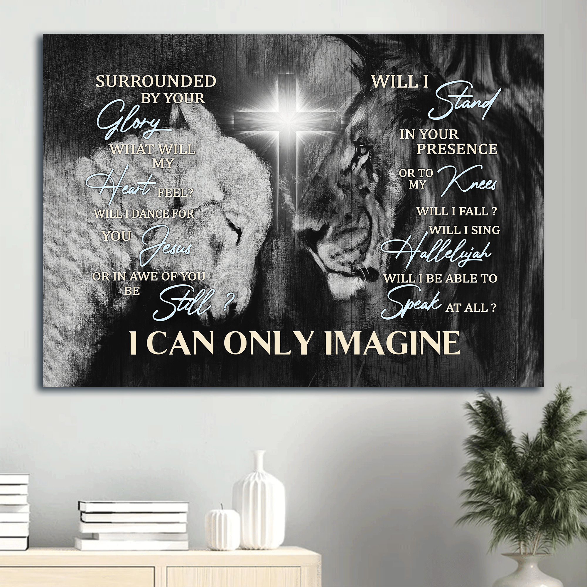 Jesus Landscape Canvas - Lion of Judah, Lamb of God, Cross light, Black and White painting Canvas - Gift for Christian - I can only imagine Landscape Canvas