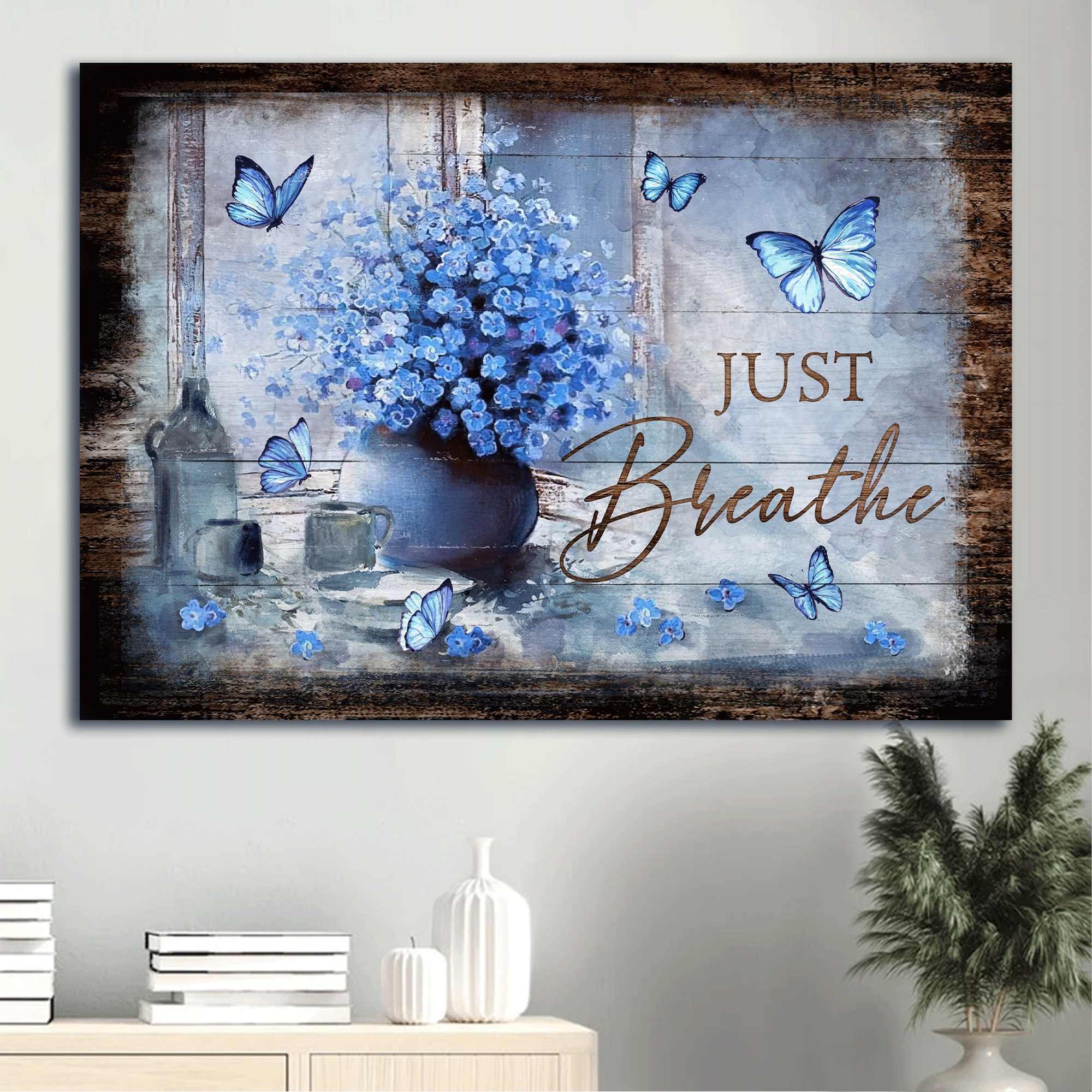 Jesus Landscape Canvas- Blue butterfly, Blue flower vase, Vintage painting, Just breathe canvas- Gift for Christian - Landscape Canvas Prints, Home Decor Wall Art