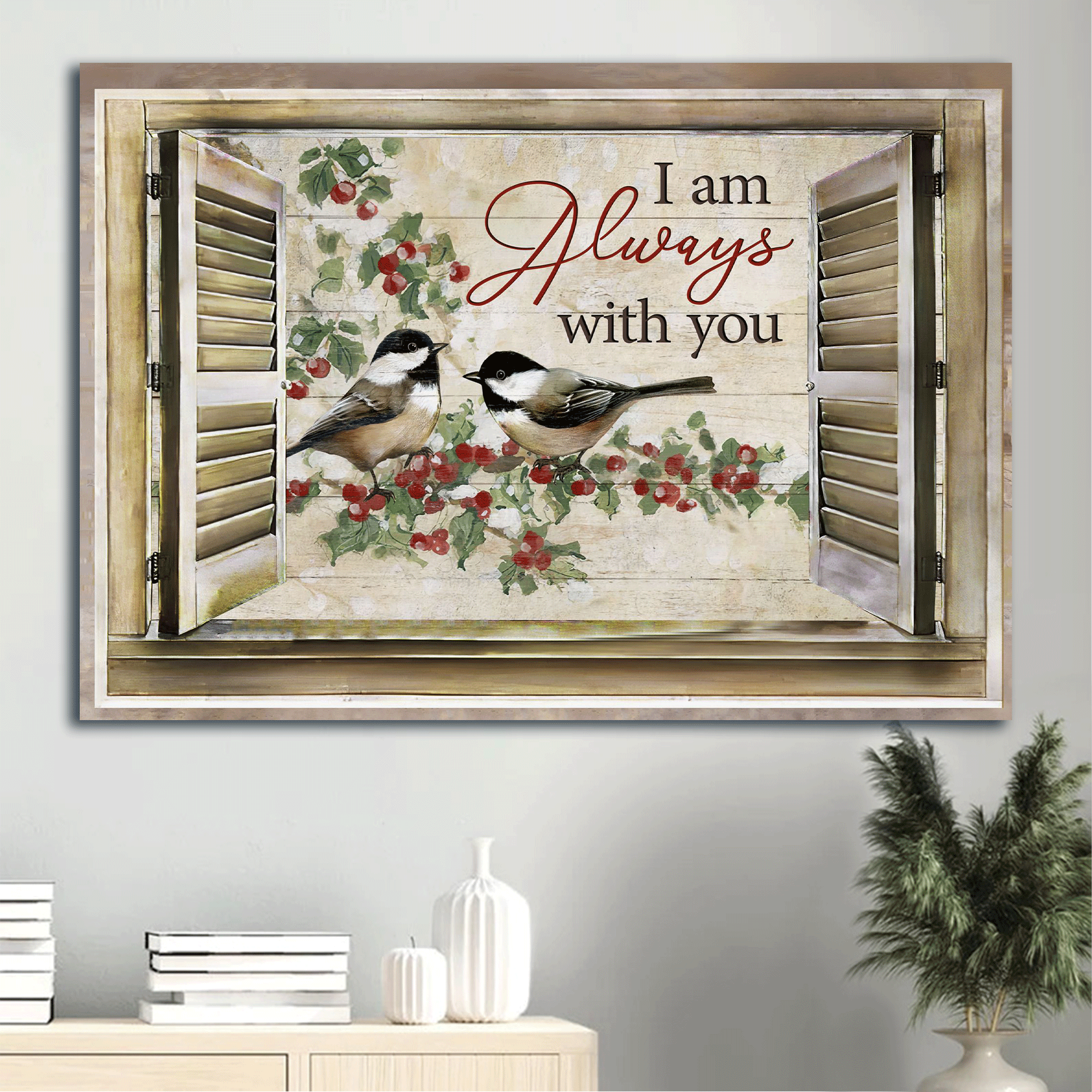 Jesus Landscape Canvas -Bird couple, Tit bird, Wooden windows, Inspirational quote Landscape Canvas - Gift For Christian - I am always with you Landscape Canvas