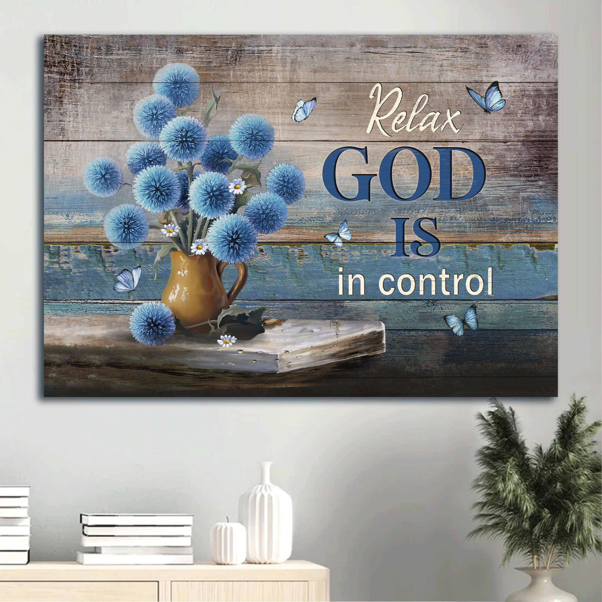 Jesus Landscape Canvas - Blue flowers, Abstract butterfly, Vintage painting, Relax Landscape Canvas - Gift For Christian - God is in control Landscape Canvas