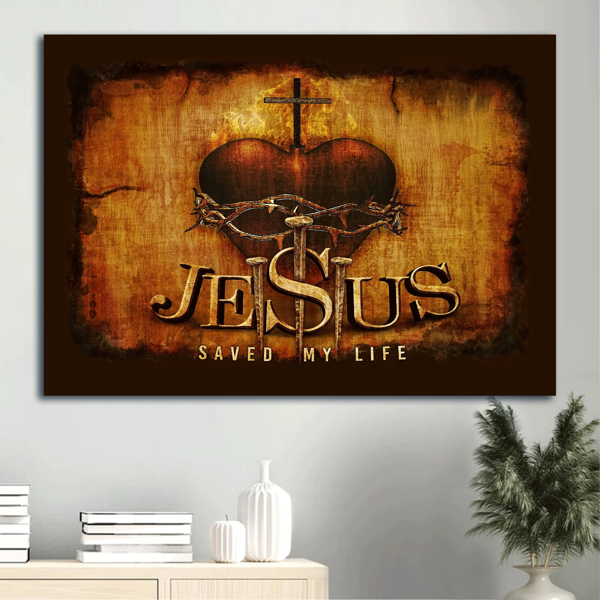 Jesus Landscape Canvas - The Savior, Sacred Heart Of Jesus, Three Nails Canvas - Gift For Christian - Jesus Saved My Life Canvas