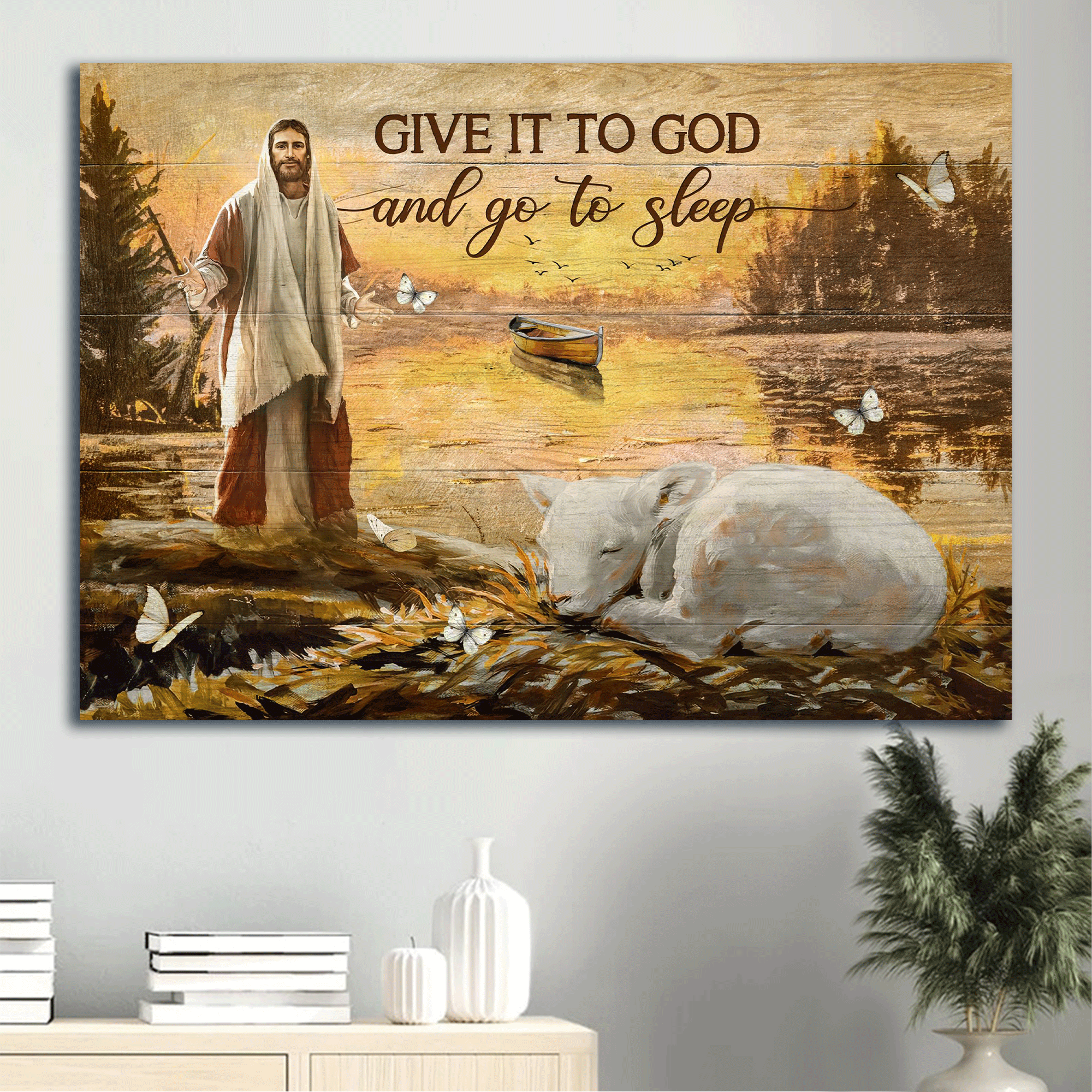 Jesus Landscape Canvas - Watercolor Lamb, Magic Lake, The Life Of Jesus Canvas - Gift For Christian - Give It To God And Go To Sleep Canvas