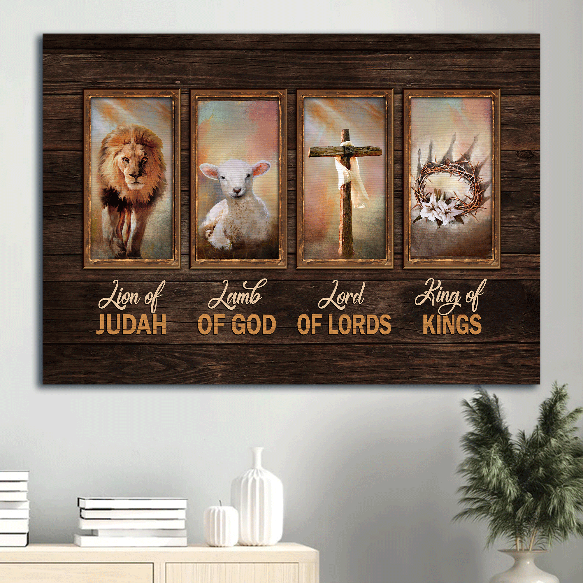 Jesus Landscape Canvas - Symbol, Lion King Canvas - Gift For Christian - Lamb of God, Crown of thorn, Lord of Lords, Lion of Judah Canvas