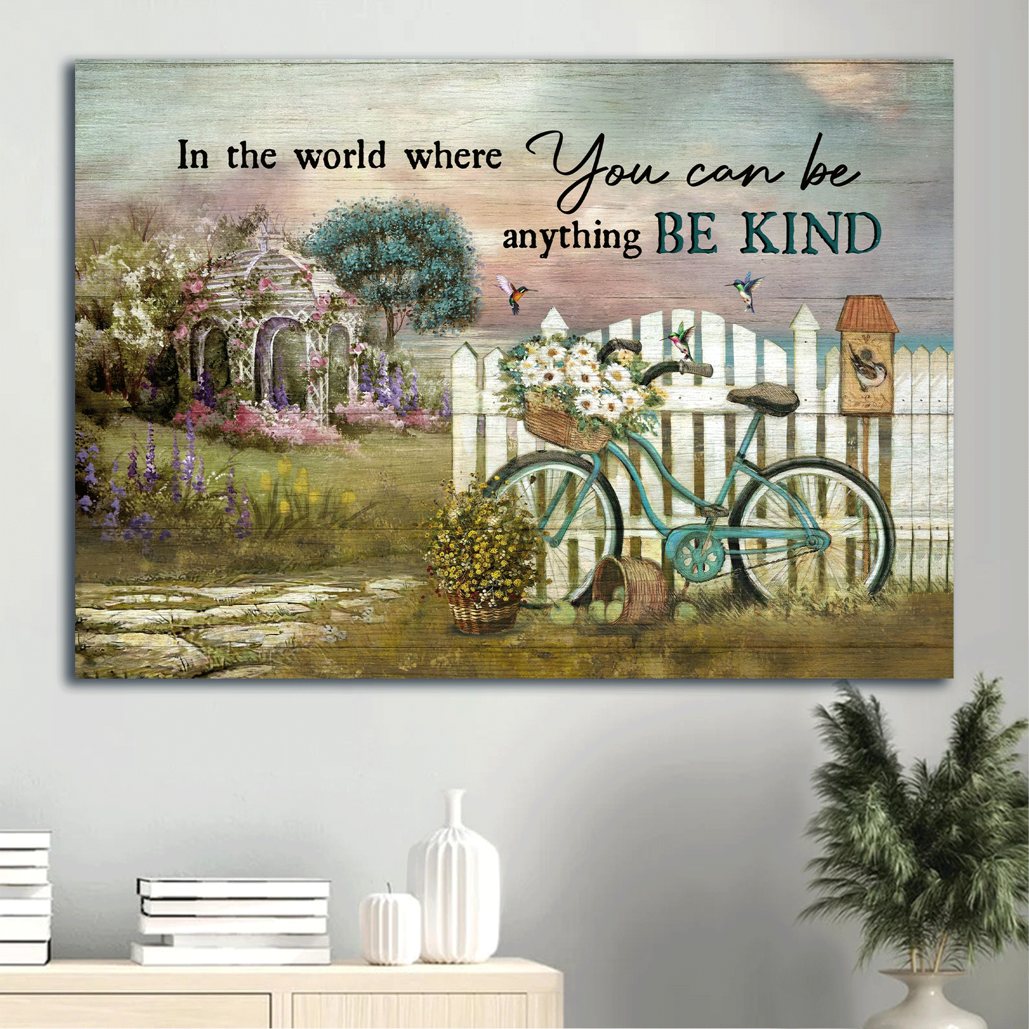 Jesus Landscape Canvas - Bicycle drawing, Daisy flower, Wicker baskets, Pergola with wisteria Landscape Canvas - Gift For Christian - Be kind