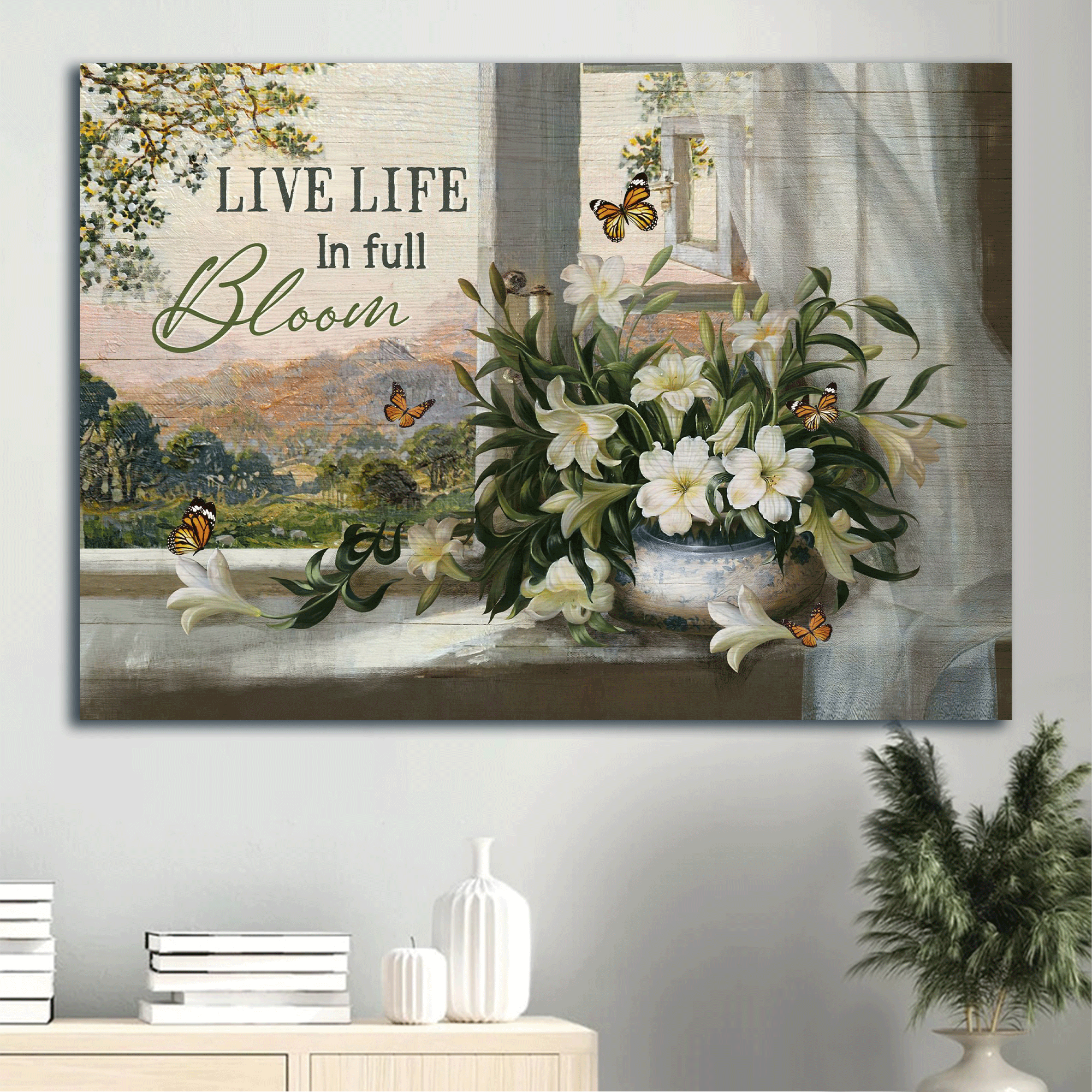 Jesus Landscape Canvas - Lily flower vase, Beautiful mountain Canvas - Gift For Christian - Live life in full bloom Landscape Canvas