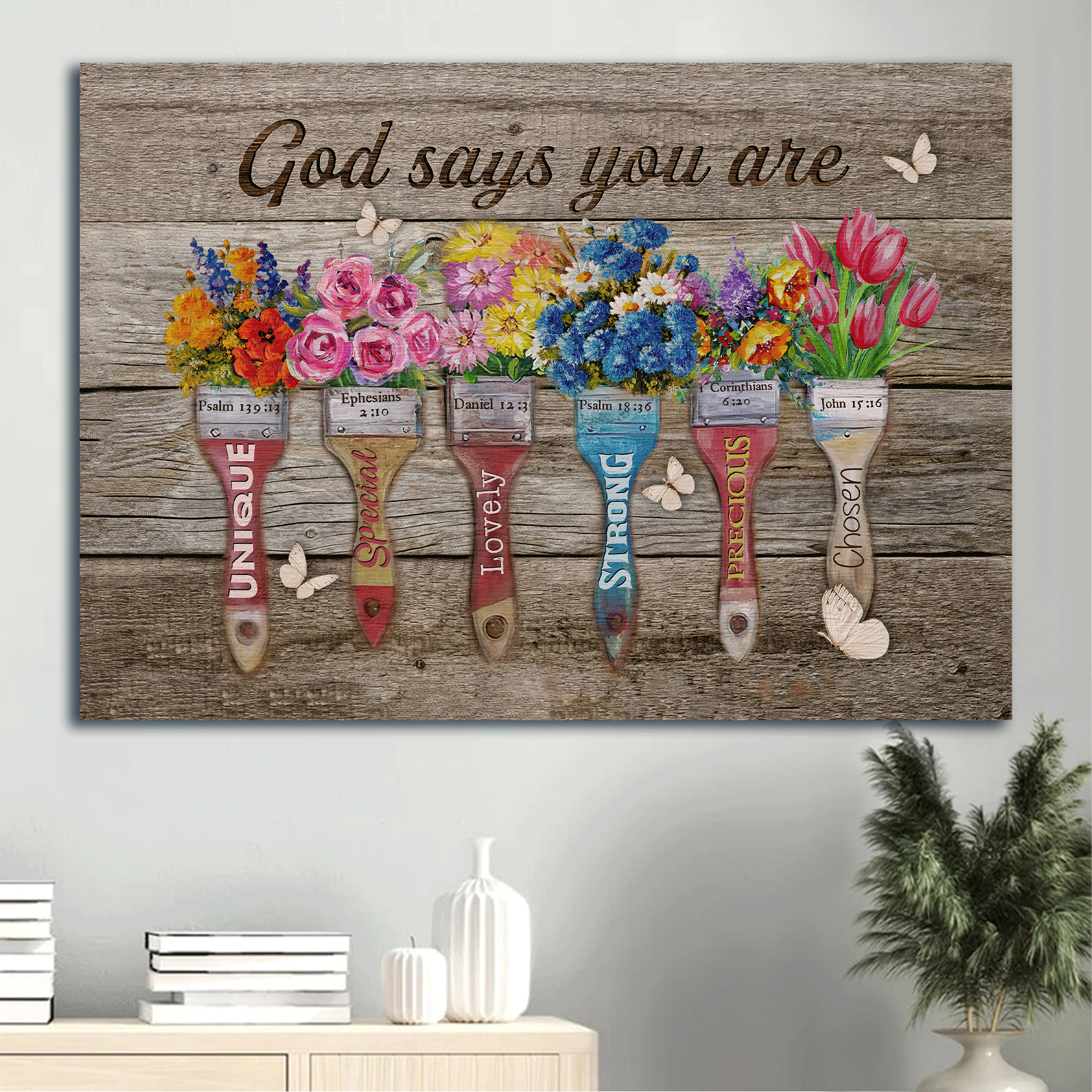 Jesus Landscape Canvas- Beautiful flower, Colorful paintbrush, Butterfly canvas- Gift for Christian- God says you are