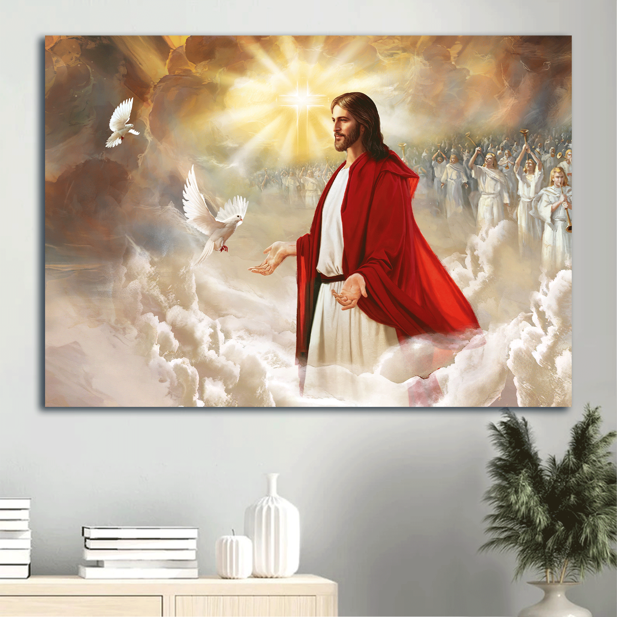 Jesus Landscape Canvas - Holy spirit dove, Religious painting, God in heaven Landscape Canvas - Gift For Religious Christian - Abstract Jesus drawing