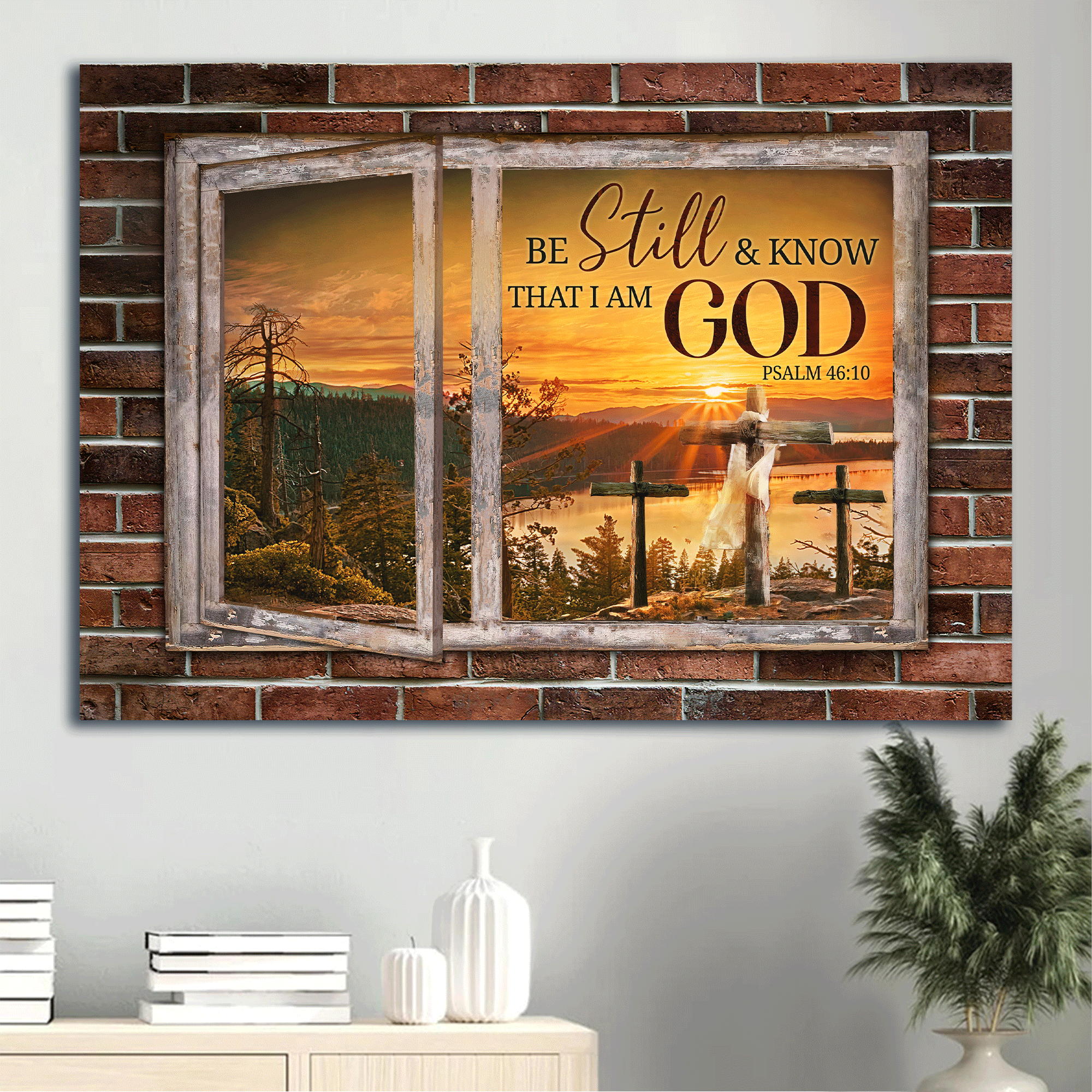 Jesus Landscape Canvas - Beautiful sunset, Countryside painting, Wooden window Landscape Canvas - Gift For Christian - Be still and know that I am God