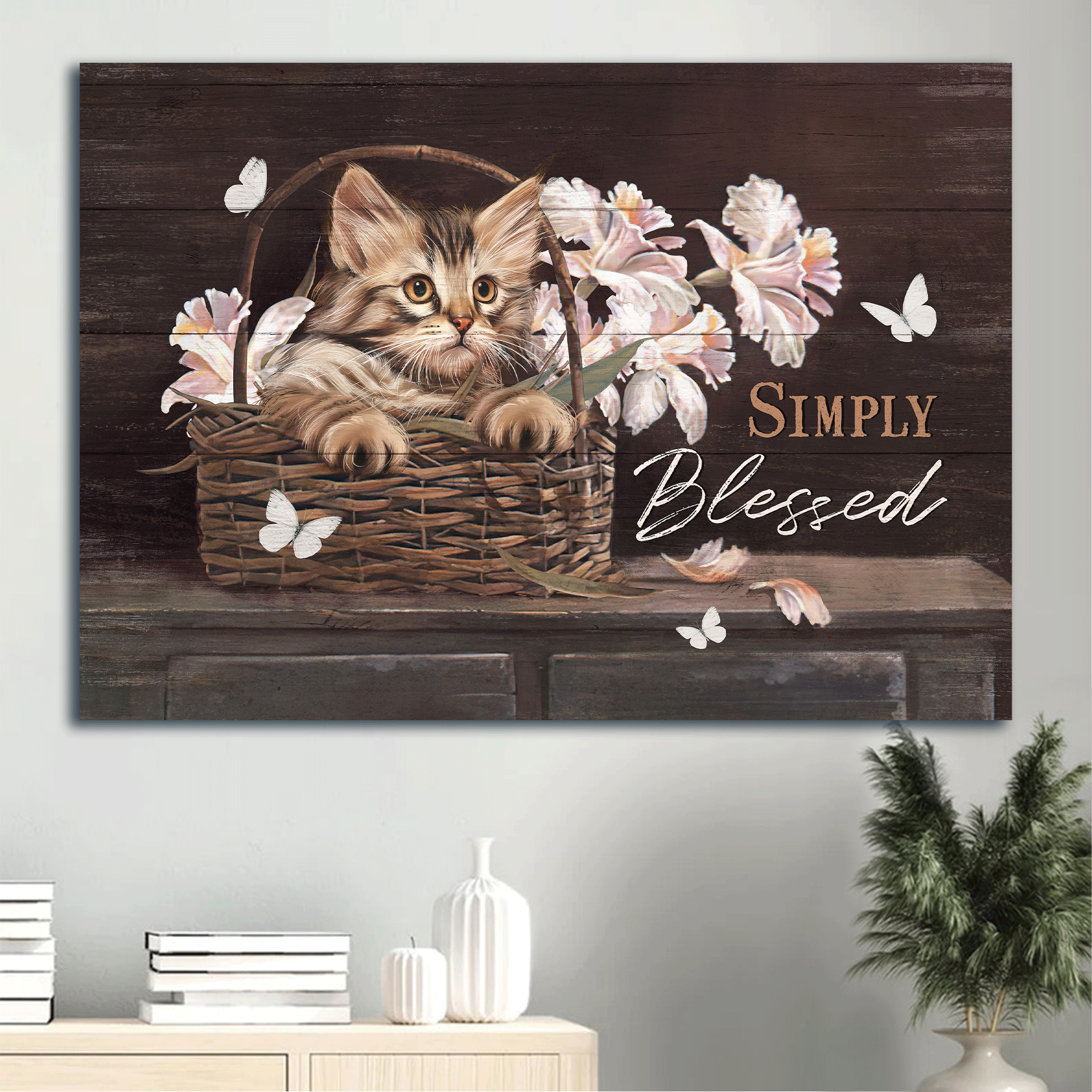 Jesus Landscape Canvas - Beautiful cat, Light pink flower, Pretty butterfly Landscape Canvas - Gift For Christian - Simply blessed