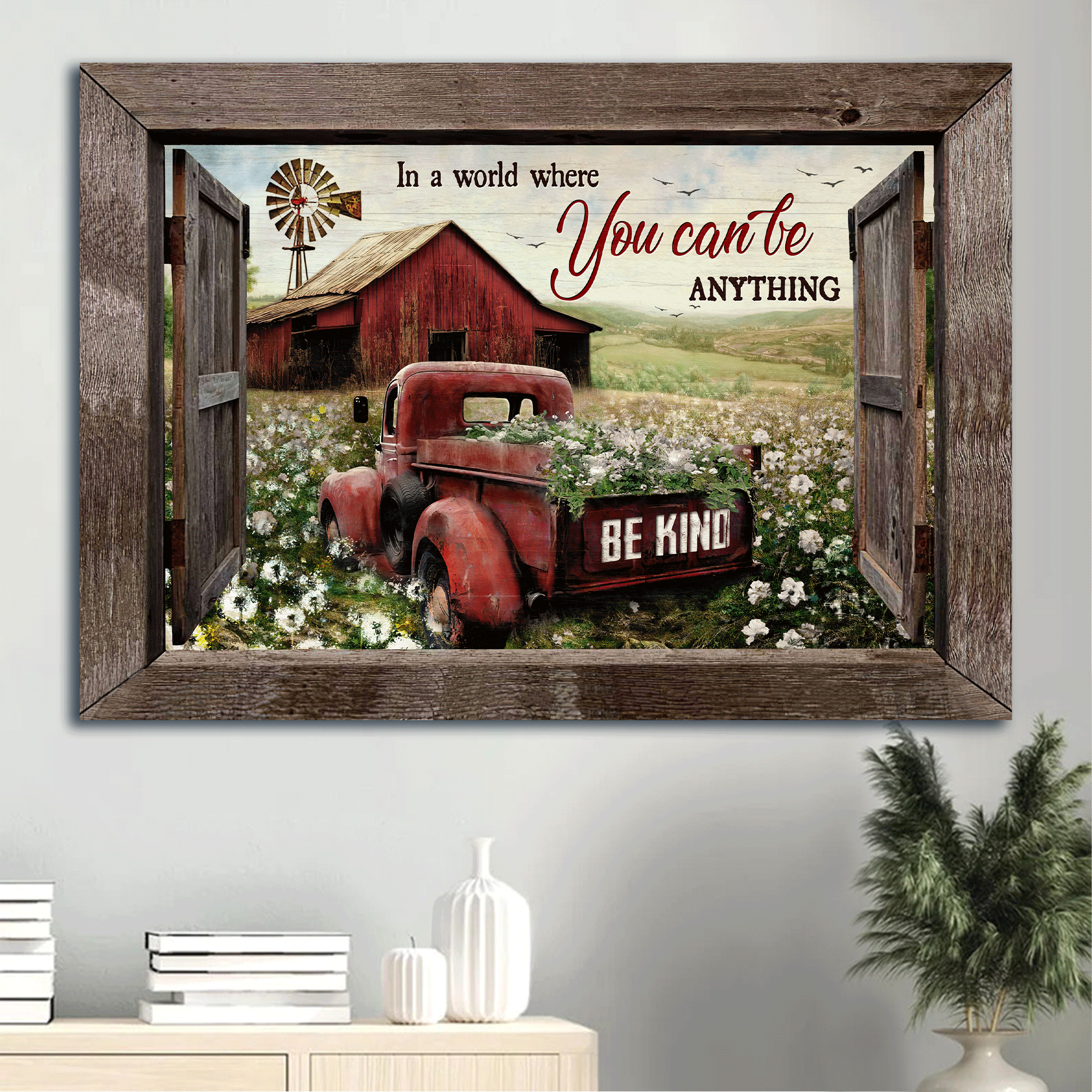 Jesus Landscape Canvas - Big dandelion field, Antique ladybug car Landscape Canvas - Gift For Christian - In a world where you can be anything Landscape Canvas