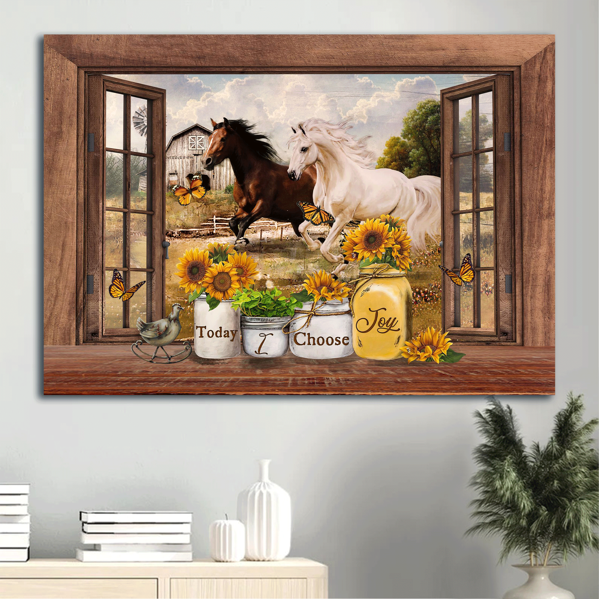 Jesus Landscape Canvas - Horse, Butterfly, Sunflower, Farm Landscape Canvas - Gift For Christian - Today I choose joy Landscape Canvas