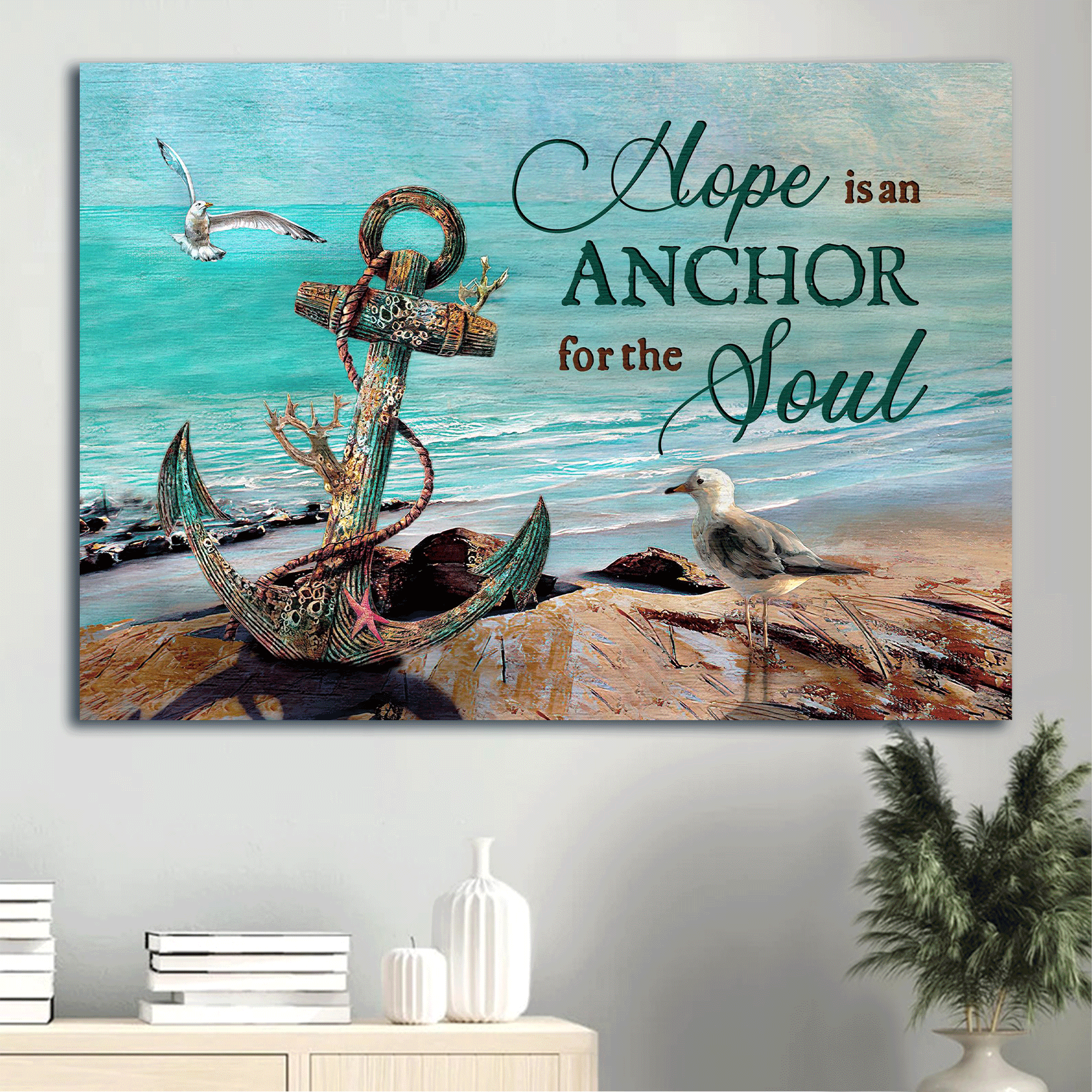 Jesus Landscape Canvas- Antique Anchor, Brilliant Ocean, Seagull, Blue Ocean Canvas- Gift For Christian- Hope Is An Anchor For The Soul