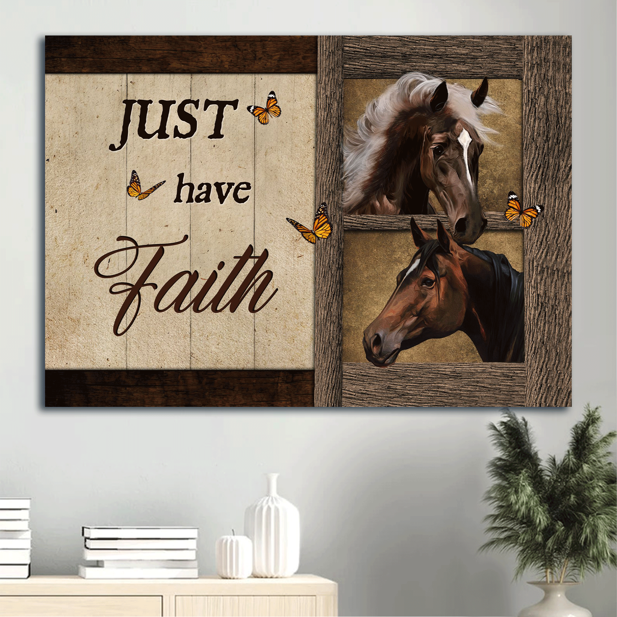 Jesus Landscape Canvas- Beautiful horse, Orange butterfly, Wooden background canvas- Gift for Christian- Just have faith