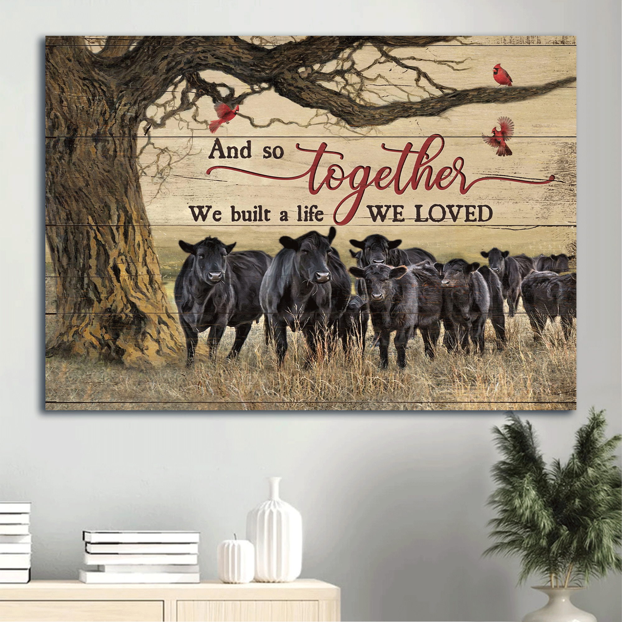 Jesus Landscape Canvas- Black cow drawing, Red cardinal- Gift for Christian- And so together we built a life we loved - Landscape Canvas Prints, Wall Art