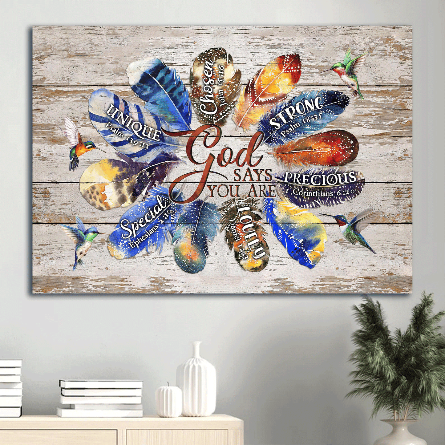 Jesus Landscape Canvas- Bird feathers, Colorful patterns, Hummingbirds- Gift for Christian- God says you are chosen - Landscape Canvas Prints, Christian Wall Art