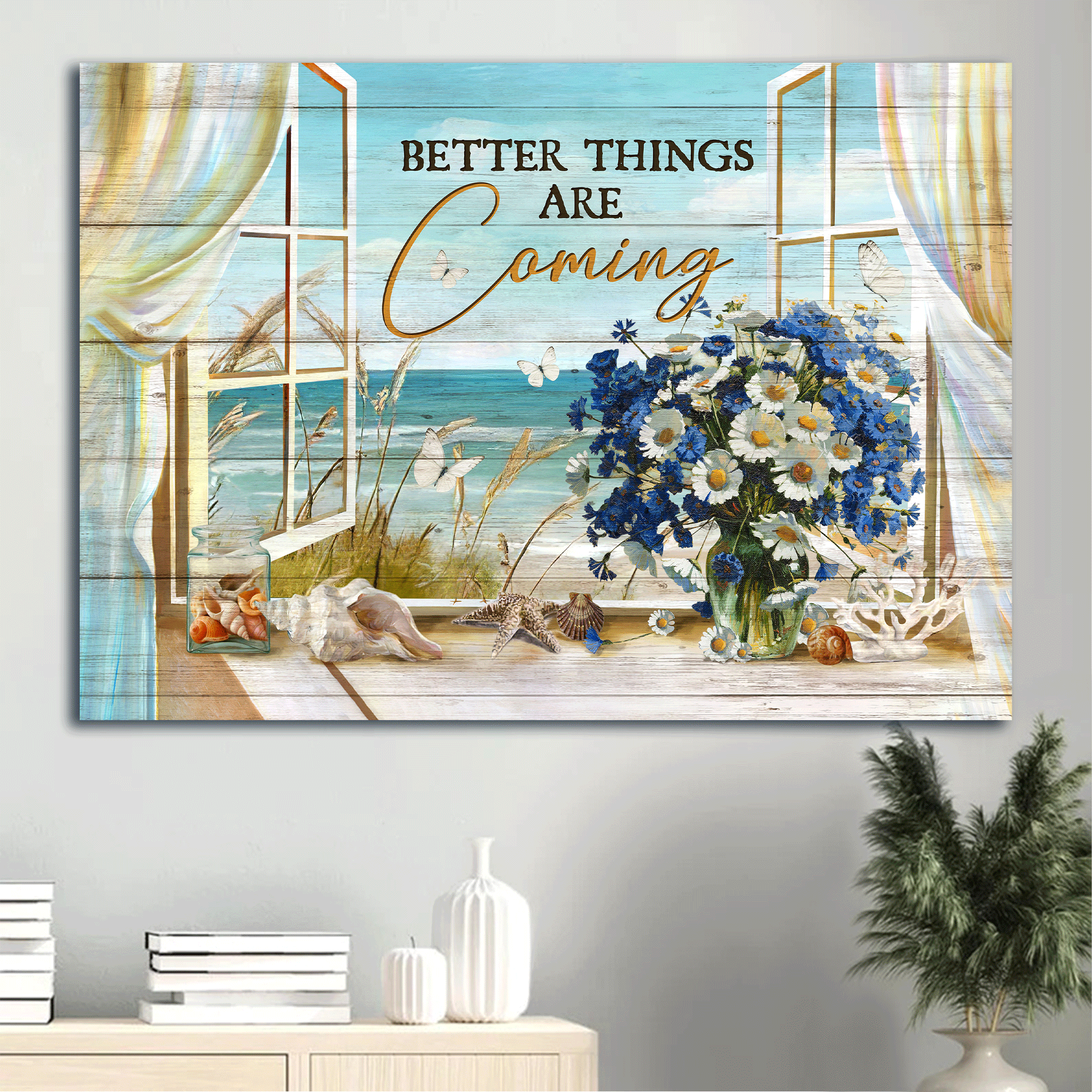 Jesus Landscape Canvas- Blue daisy, White daisy, Seashell, Ocean view canvas- Gift for Christian- Better things are coming - Landscape Canvas Prints, Christian Wall Art