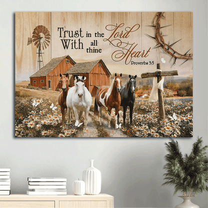 Jesus Landscape Canvas - Watercolor Horse, Daisy Field, Cross Symbol Canvas - Gift For Christian - Trust In The Lord Canvas