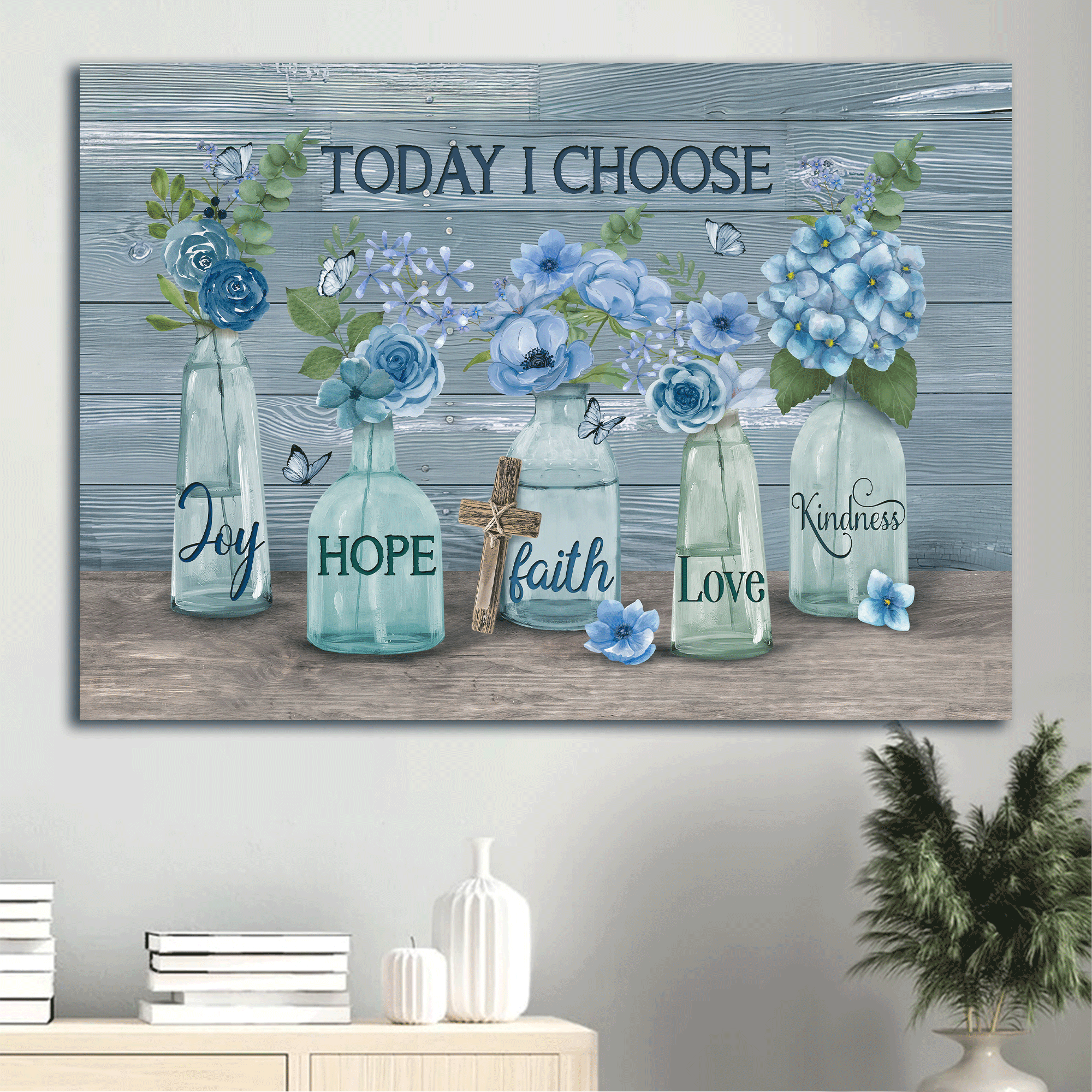 Jesus Landscape Canvas - Blue flower garden, Crystal vase, Cross Landscape Canvas - Gift For Christian - Today I choose joy Landscape Canvas