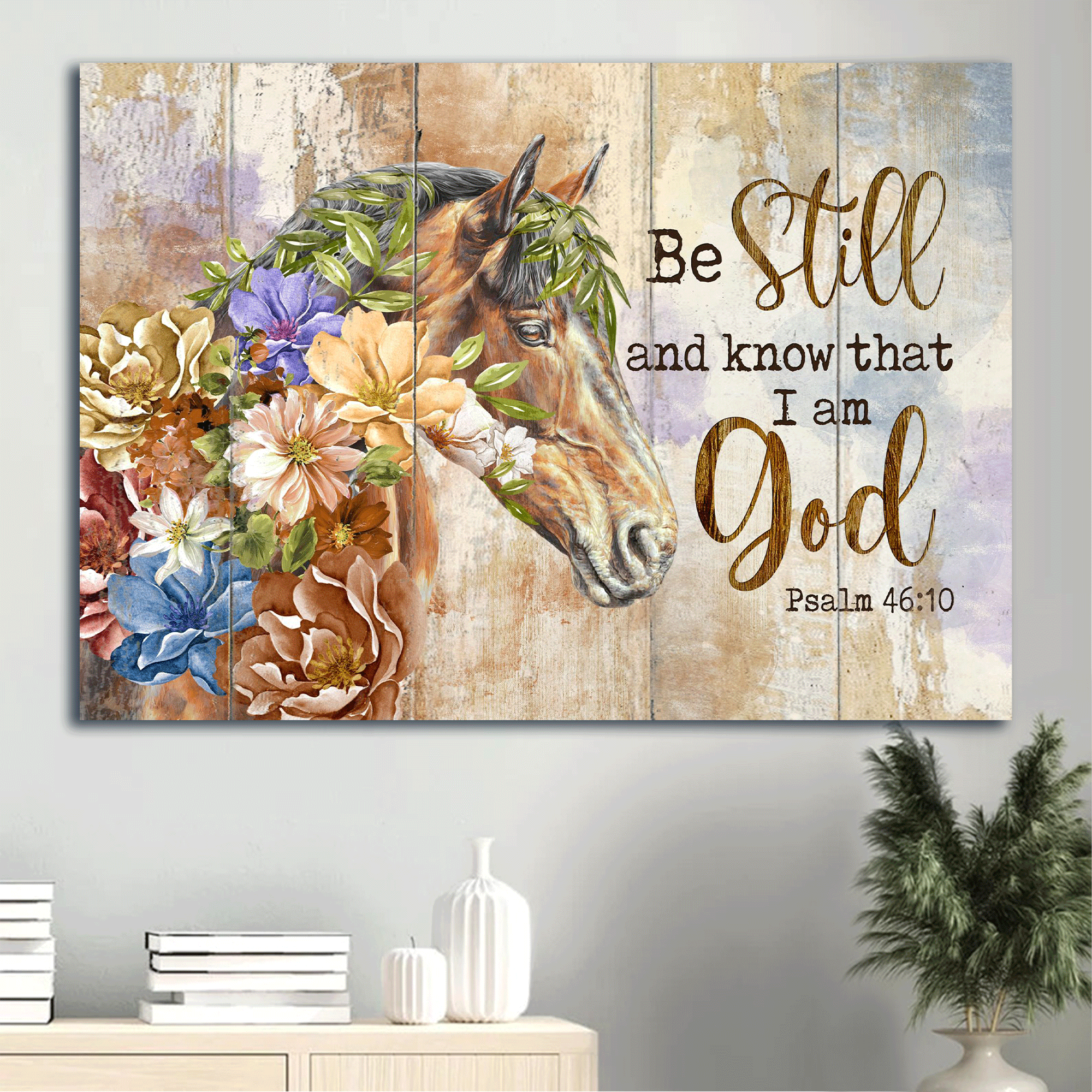 Jesus Landscape Canvas- Beautiful flowers, Cape jasmine, Brown horse canvas- Gift for Christian- Be still and I am God