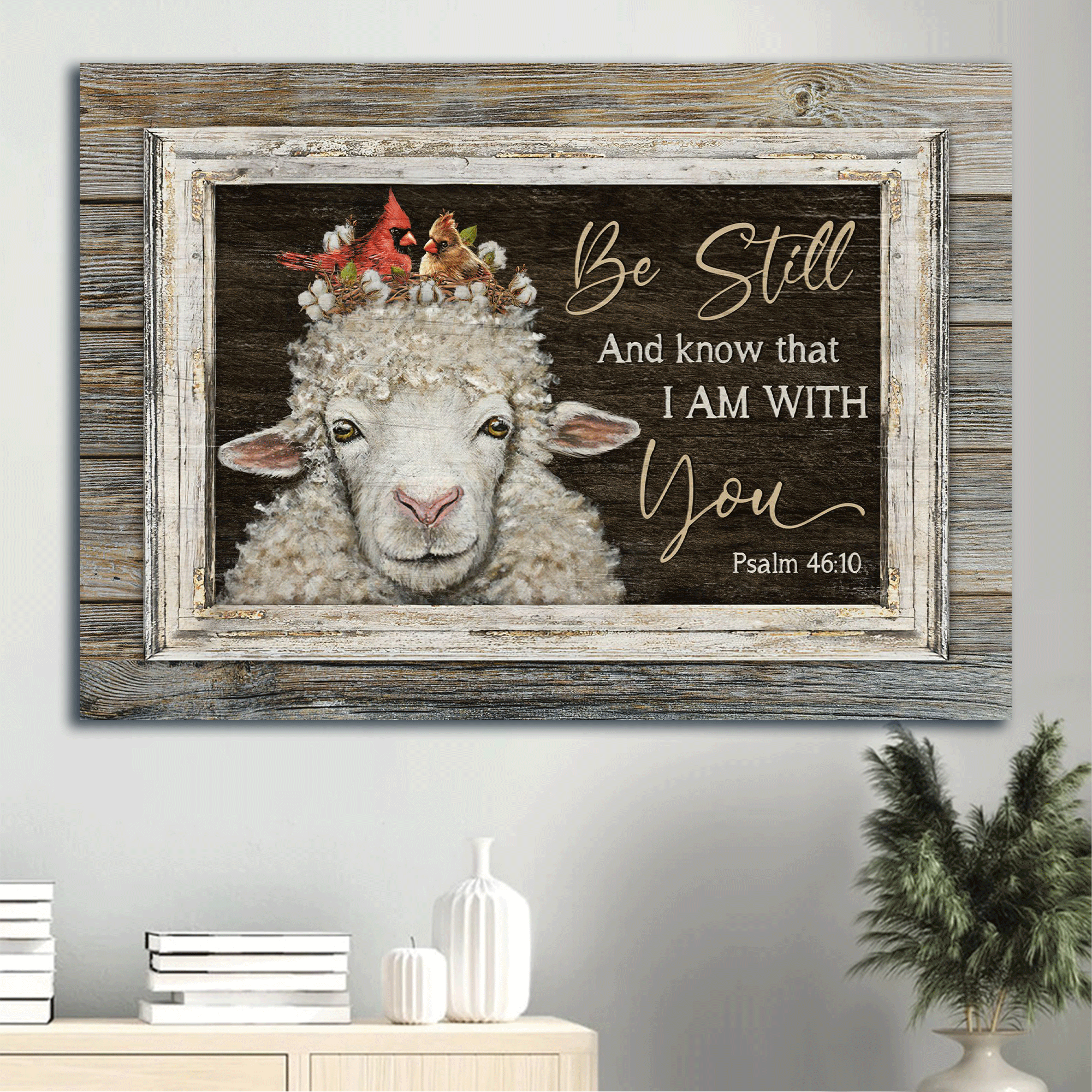 Jesus Landscape Canvas- Beautiful lamb drawing, Cardinal couple canvas- Gift for Christian- Be still and know that I am with you