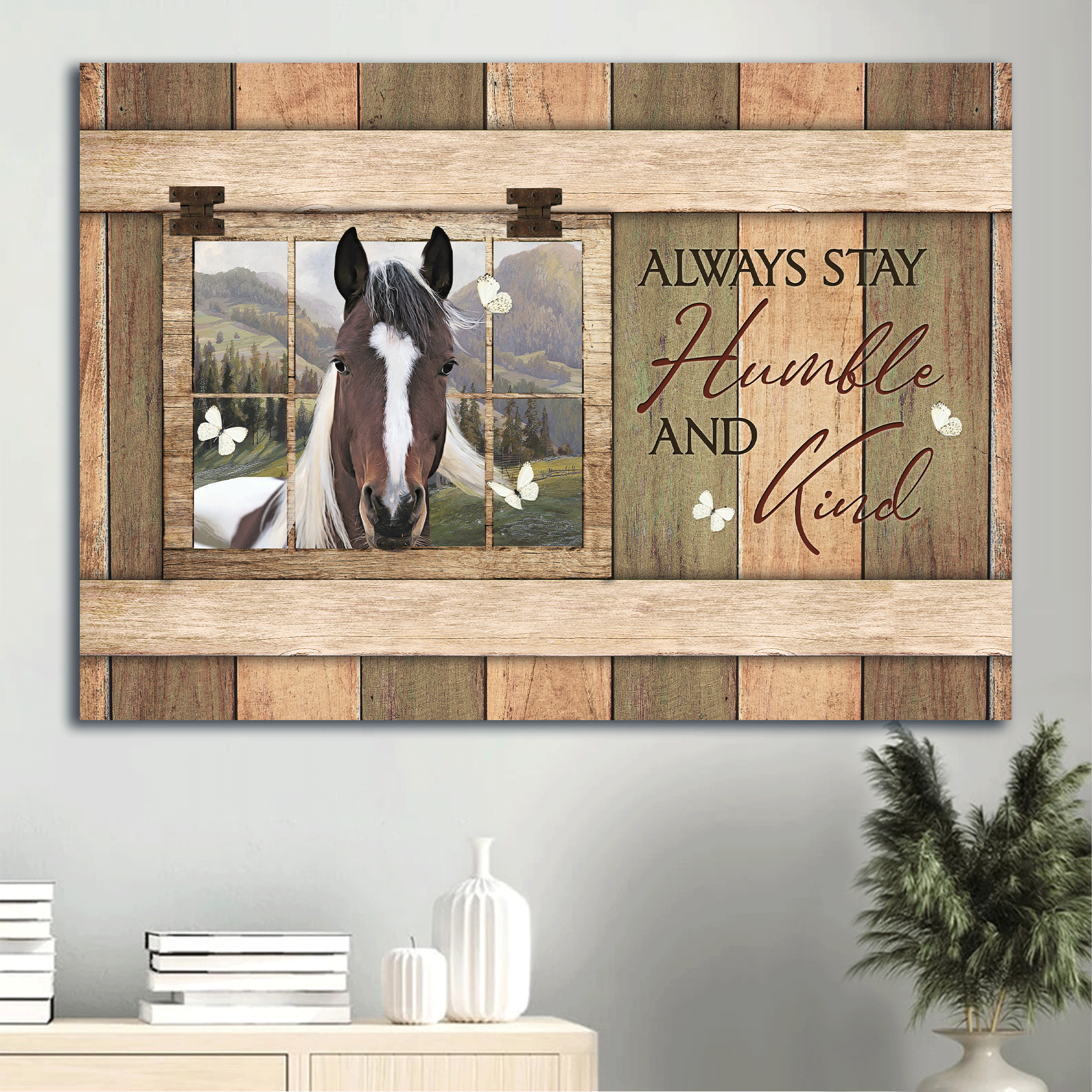 Jesus Landscape Canvas - White And Brown Horse, Countryside Painting, Butterfly Canvas - Gift For Christian - Always Stay Humble And Kind Canvas