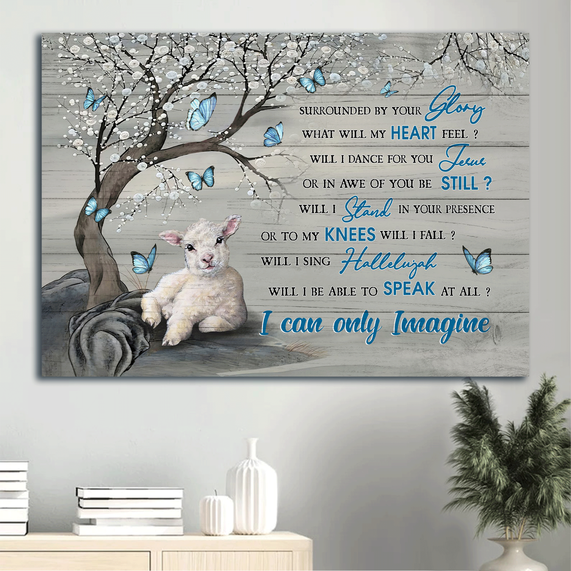 Jesus Landscape Canvas - The Little Lamb, Blue Butterflies Canvas - Gift For Christian - I Can Only Imagine Canvas